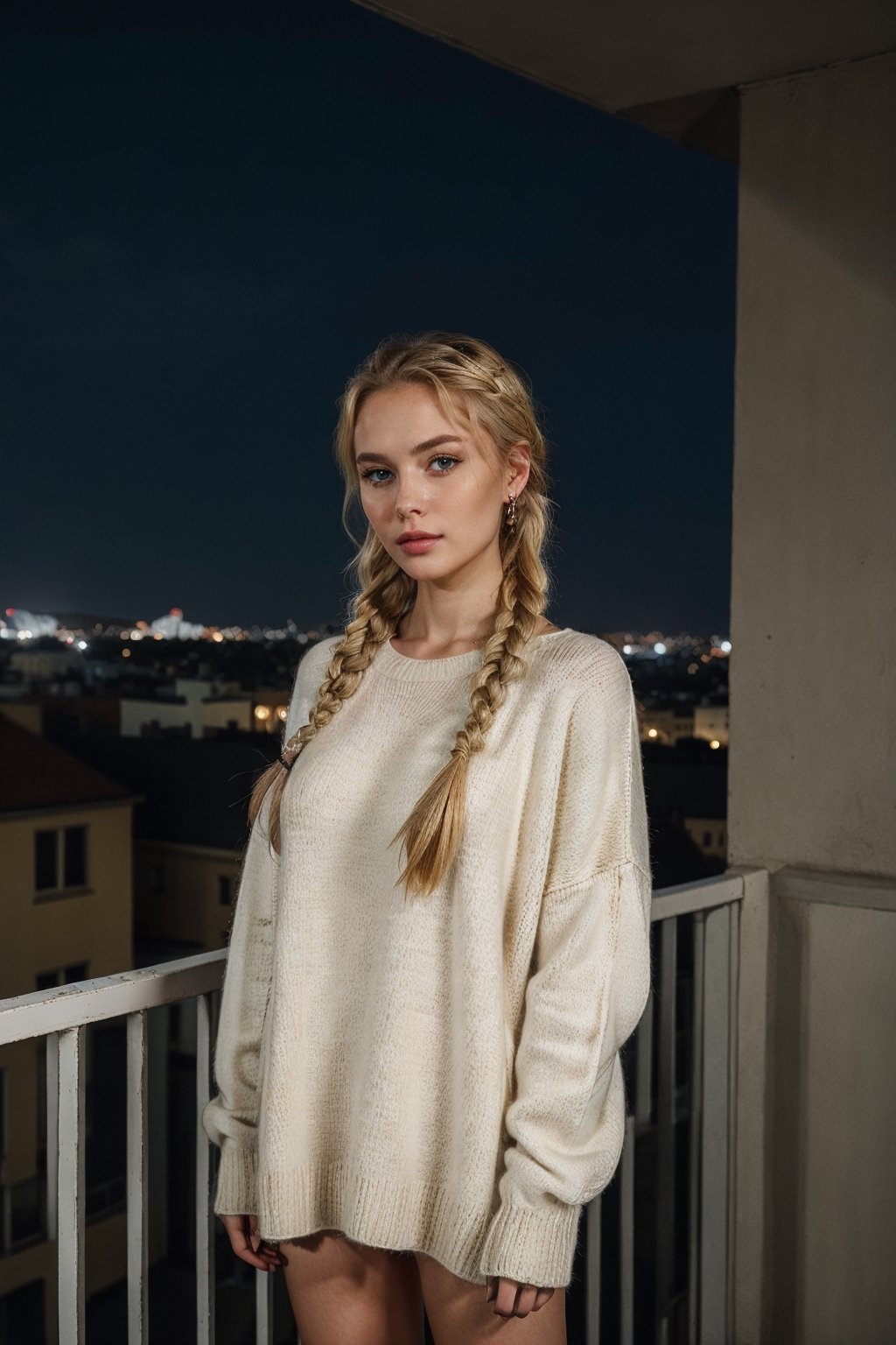 Ukrainian girl, onlyfans model, (wearing oversized cotton sweater), standing in balcony,(((night))), ((braided_hair, blond_hair)), from_front