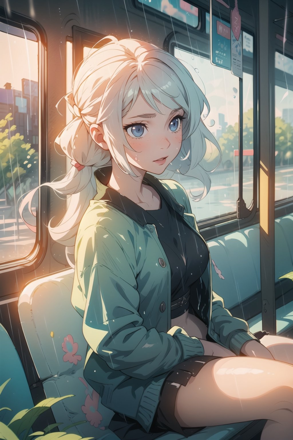 A whimsical anime portrayal of a Gen-Z girl with eclectic style, listening to music on a (((public bus))) during a rainy day. The raindrops create a dreamy atmosphere on the window, adding to the scene's charm. Illustration, watercolor painting, focusing on the girl's reflection and the rain-sprinkled glass