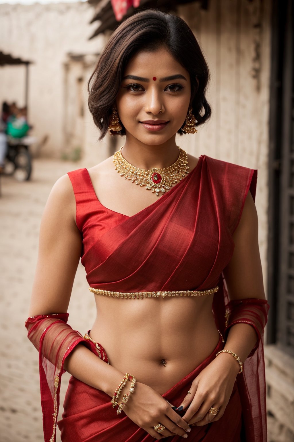 Photo of Indian girl, oval face, beautiful face, beautiful eyes, beautiful nose, beautiful lips, short hair, blue_eyes, smilling, saree, Village girl, Village festival, crackers, fully_clothed, red saree, golden jewelry, full_body, temple ,rashmika, full_sleeve_dress, covered_waist_dress