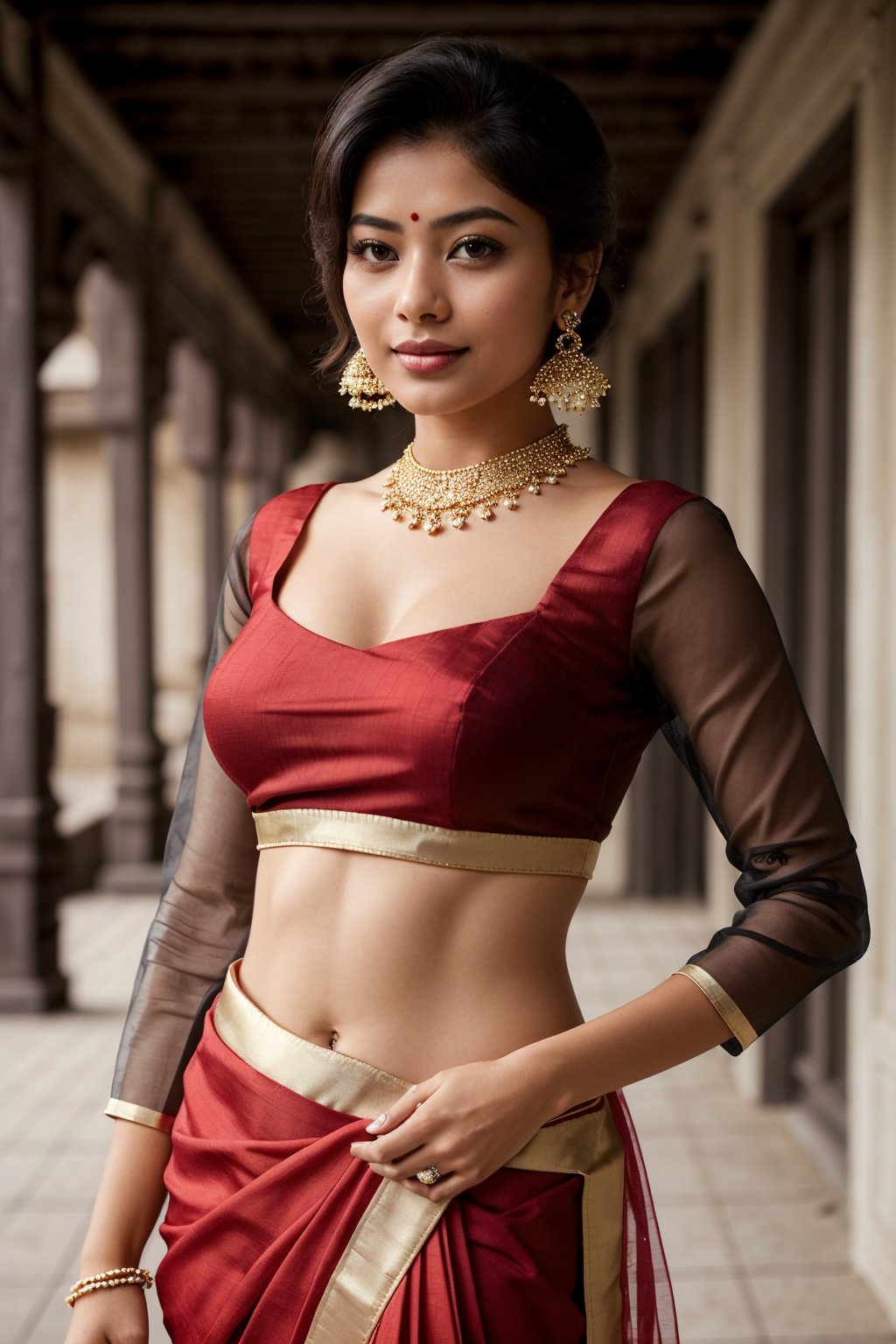 Photo of Indian girl, oval face, beautiful face, beautiful eyes, beautiful nose, beautiful lips, short hair, blue_eyes, smilling, saree, Village girl, Village festival, crackers, fully_clothed, red saree, golden jewelry, full_body ,rashmika, full_sleeve_dress, covered_waist_dress,milf, big_breasts, curvy_figure