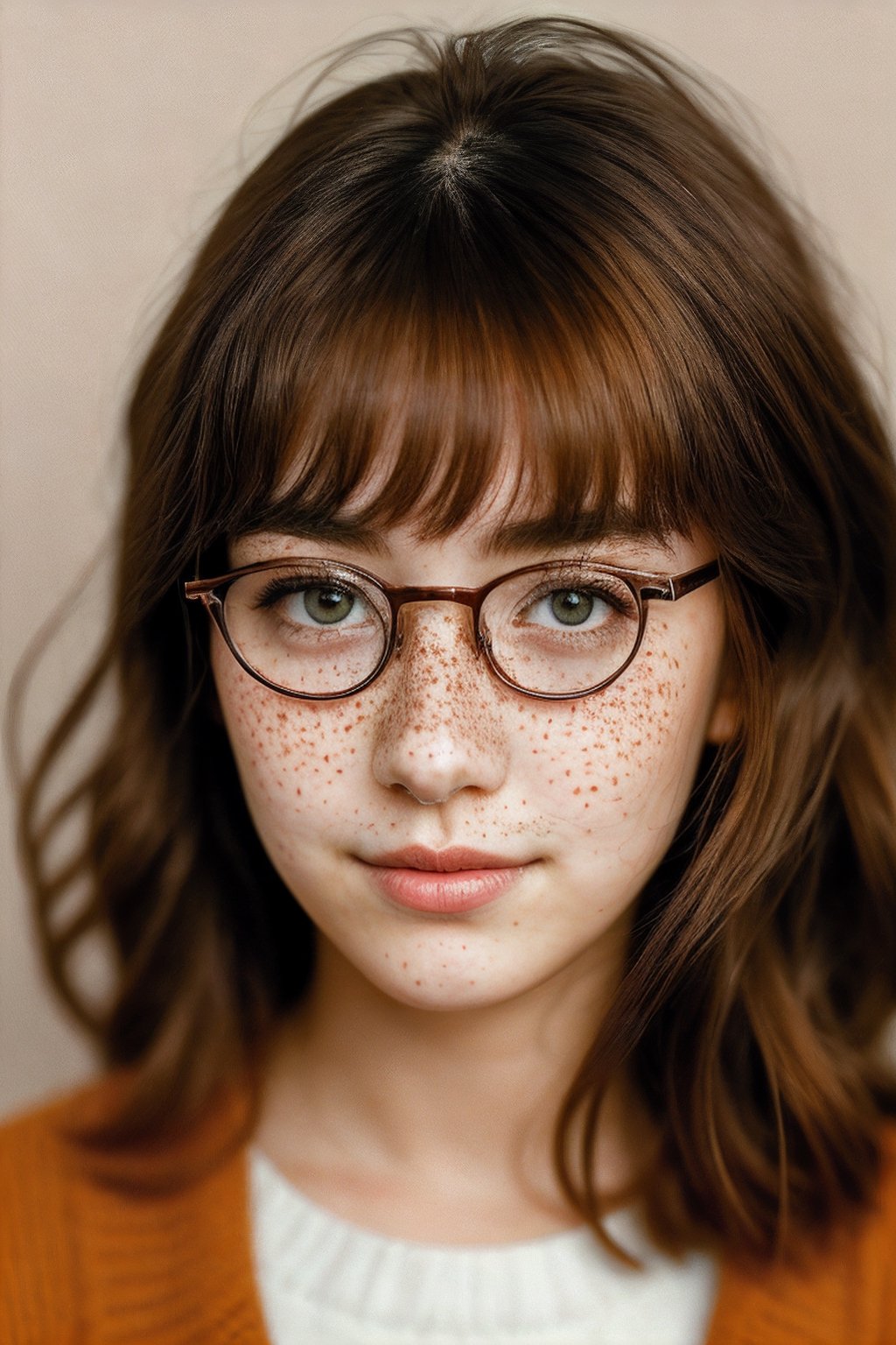 Professional studio, Masterpiece, 18 year old female, portrait, long red hair, slightly freckles, (shy), bored, sideways, eyeglasses, head turned, bashful, hiding, brown eyes, wide nose, nice outfit, beautiful, expressive eyes, cheesy backdrop,Detailedface,Photo Real