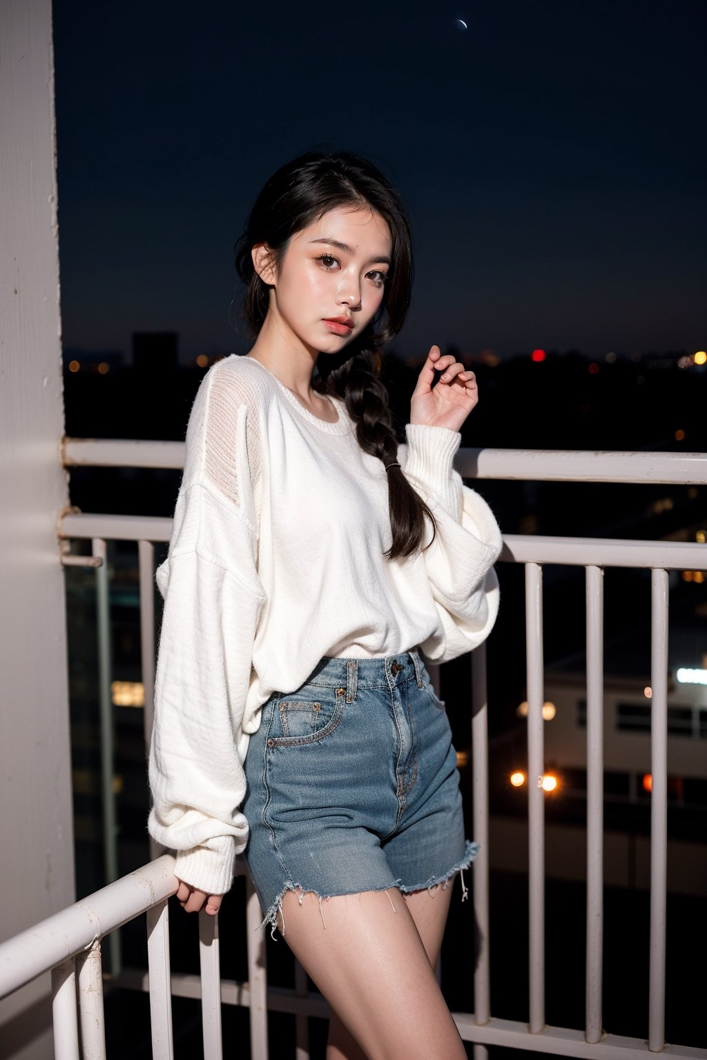 Asain girl, onlyfans model, (wearing oversized cotton sweater), standing in balcony, (((night))), ((braided_hair)), from_front