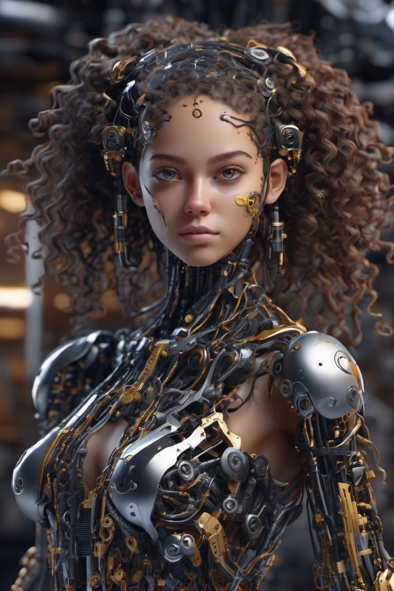 cyborg style, cyborg, 3d style,3d render,cg,beautiful, (1girl, looking at viewer,close up), curly hair, long braid, brown eyes, cyborg , mechanical limbs,cute gloves, dancing, dynamic pose, black metalic parts,golden parts, Reflections on metal, damaged parts, connected to wires