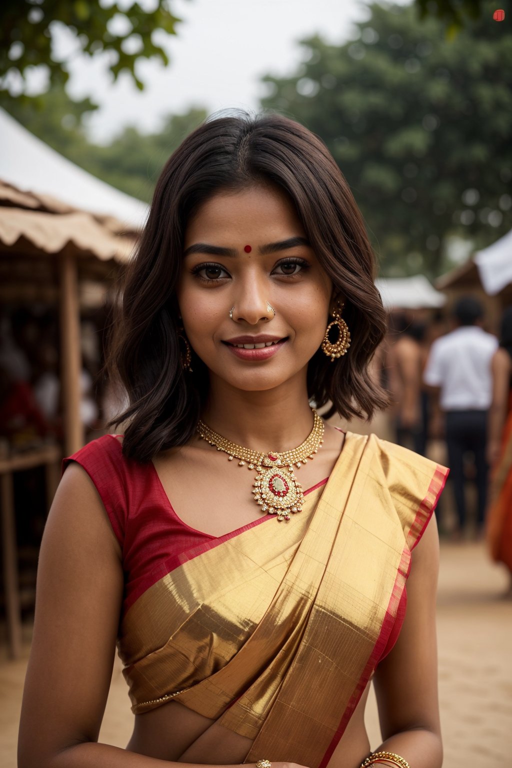 Photo of Indian girl, oval face, beautiful face, beautiful eyes, beautiful nose, beautiful lips, short hair, blue_eyes, smilling, saree, Village girl, Village festival, crackers, fully_clothed, red saree, golden jewelry, full_body, temple ,rashmika 