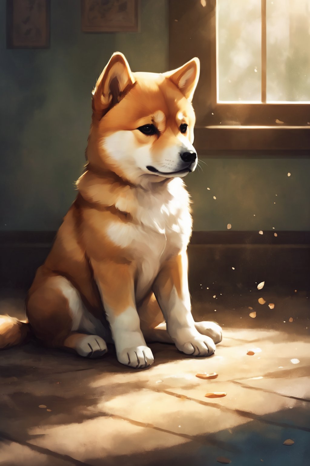  A cute Shiba Inu puppy sitting alone in a dimly lit room, tears glistening on its fur, a soft whimper escaping its lips, the surroundings reflecting the weight of its sadness, Whimsical digital painting, using soft colors to evoke sympathy,