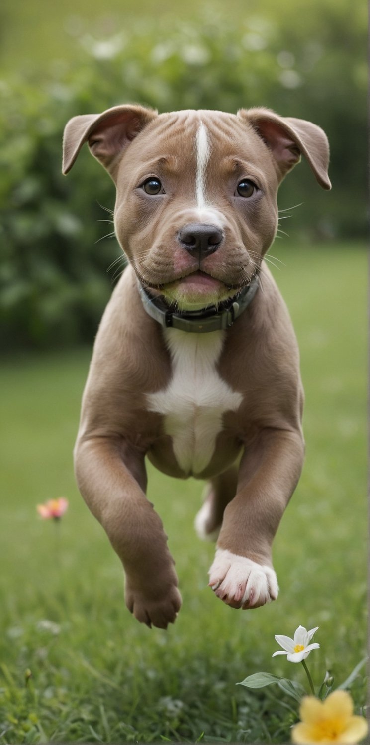 Hyperrealistic photo, very close-up of a beautiful and tender Pitbull puppy, he is in a garden playing, jumping. A garden with short, very green grass. Many small, colorful flowers. It's daytime, the light is natural. The light creates a contrast of shadows on the animal. Beautiful scene, ultra detailed, hyperrealistic, colorful, distant.