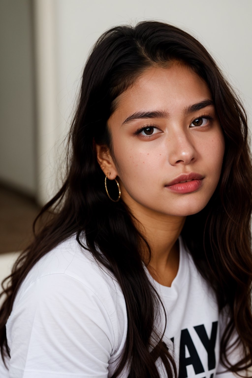 RAW photo, photo of an indian canadian girl named Sanya Foster((24yo)), (wavy_long_hair), close_up_photo, looking_at_viewer, ((brown_eyes)), wearing t-shirt,photorealistic, ((round_face))