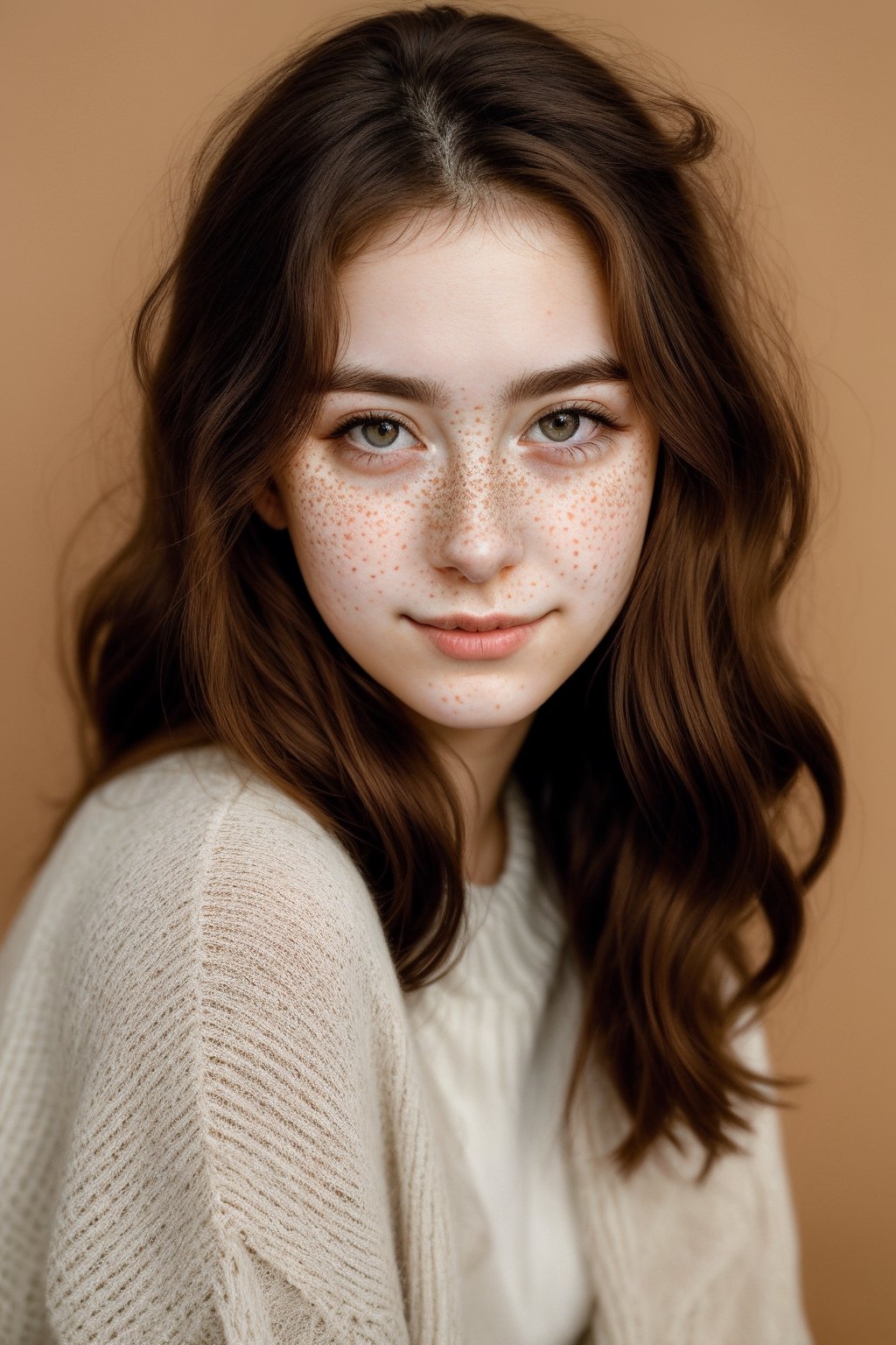 Professional studio, Masterpiece, 18 year old female, portrait, long red hair, slightly freckles, (shy), bored, sideways, eyeglasses, head turned, bashful, hiding, brown eyes, wide nose, nice outfit, beautiful, expressive eyes, cheesy backdrop,Detailedface,Photo Real