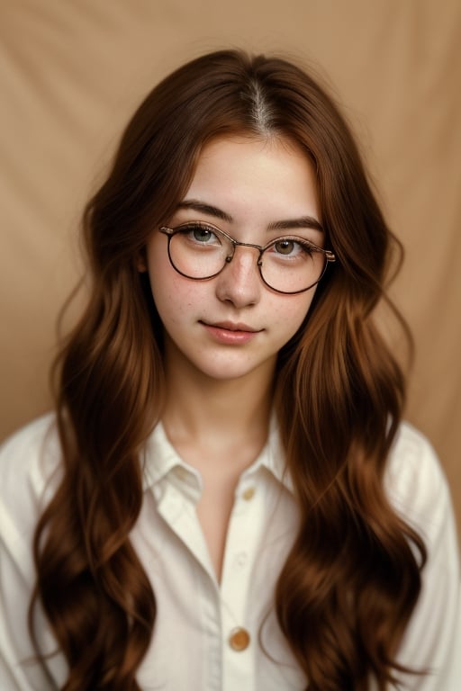 Professional studio, Masterpiece, 18 year old female, portrait, long red hair, slightly freckles, (shy), bored, sideways, eyeglasses, head turned, bashful, hiding, brown eyes, wide nose, nice outfit, beautiful, expressive eyes, cheesy backdrop,Detailedface,Photo Real