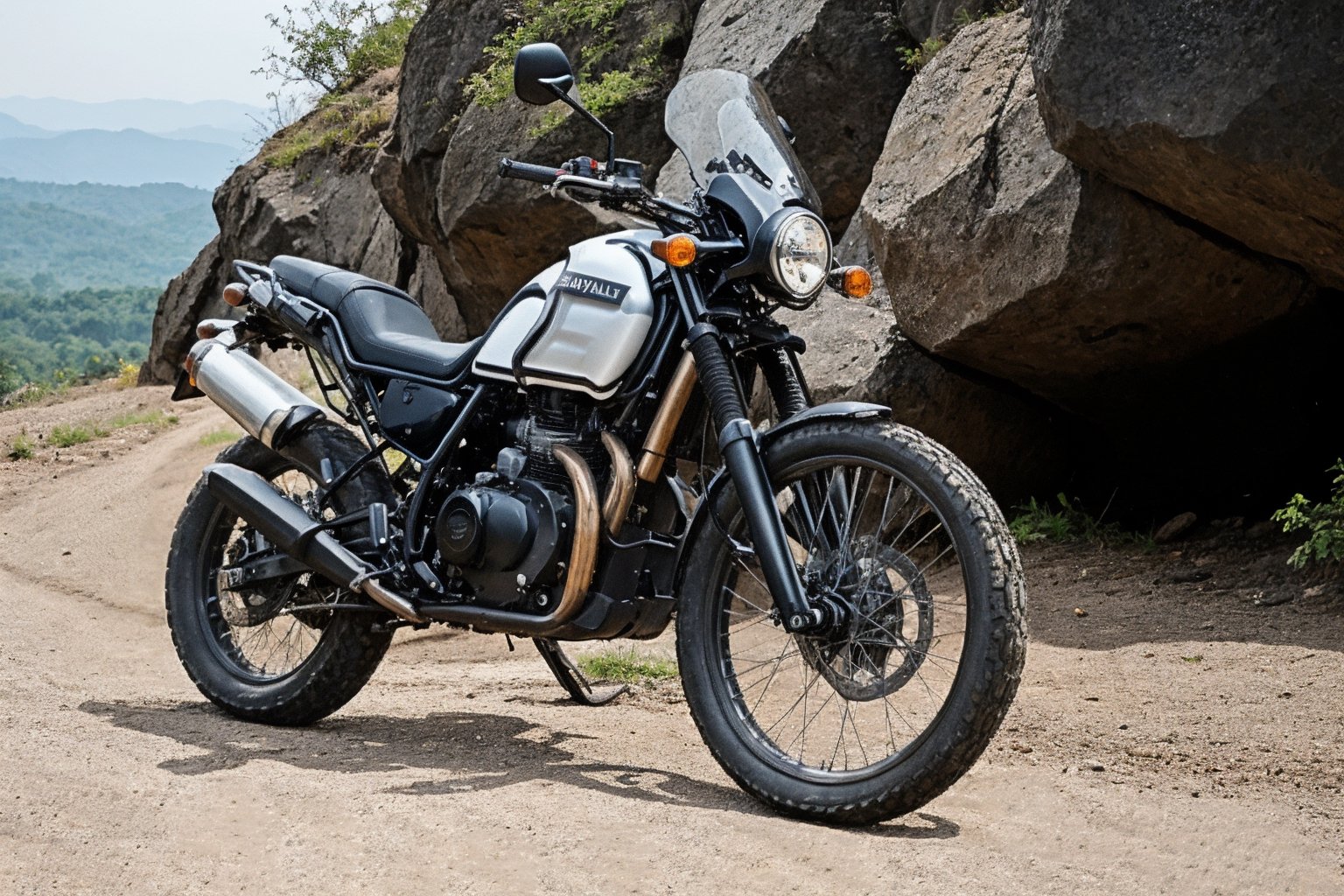 RAW photo, photo of adventure bike named Royal Enfield Himalayan, Black bike, ((no_humans))