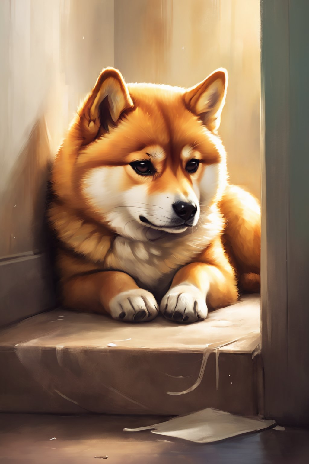 A sad little Shiba Inu dog curled up in a corner, tears rolling down its furry cheeks, its eyes conveying a deep sense of despair, the room's atmosphere heavy with sorrow, Soft pastel drawing, capturing the dog's vulnerability and emotions,