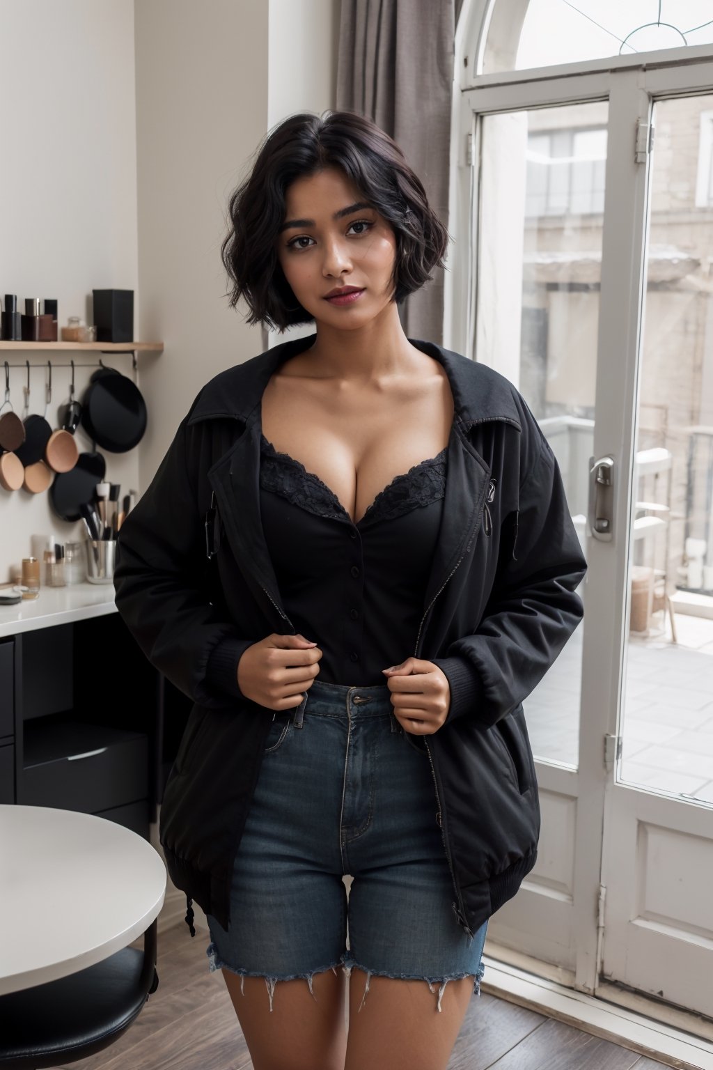 ((A beautiful Indian teenage girl (19 year old) with medium black curley hair(bob hair cut), brown eyes, smoky eyes, o-ring loop earrings)), (((natural_breasts, small_boobs:1.5 , makeup:1.2))), (((wearing casual black shirt (under a black jacket):1.5, overboob, cleavage))), (perfect body:1.5), (pov_eye_contact, looking_at_viewer), (lusty look, shy, in home, happy:1.5), z1l4, (upper body:1.5, normal body , slim waist , {thighs}, standing straight, facing viewer) 