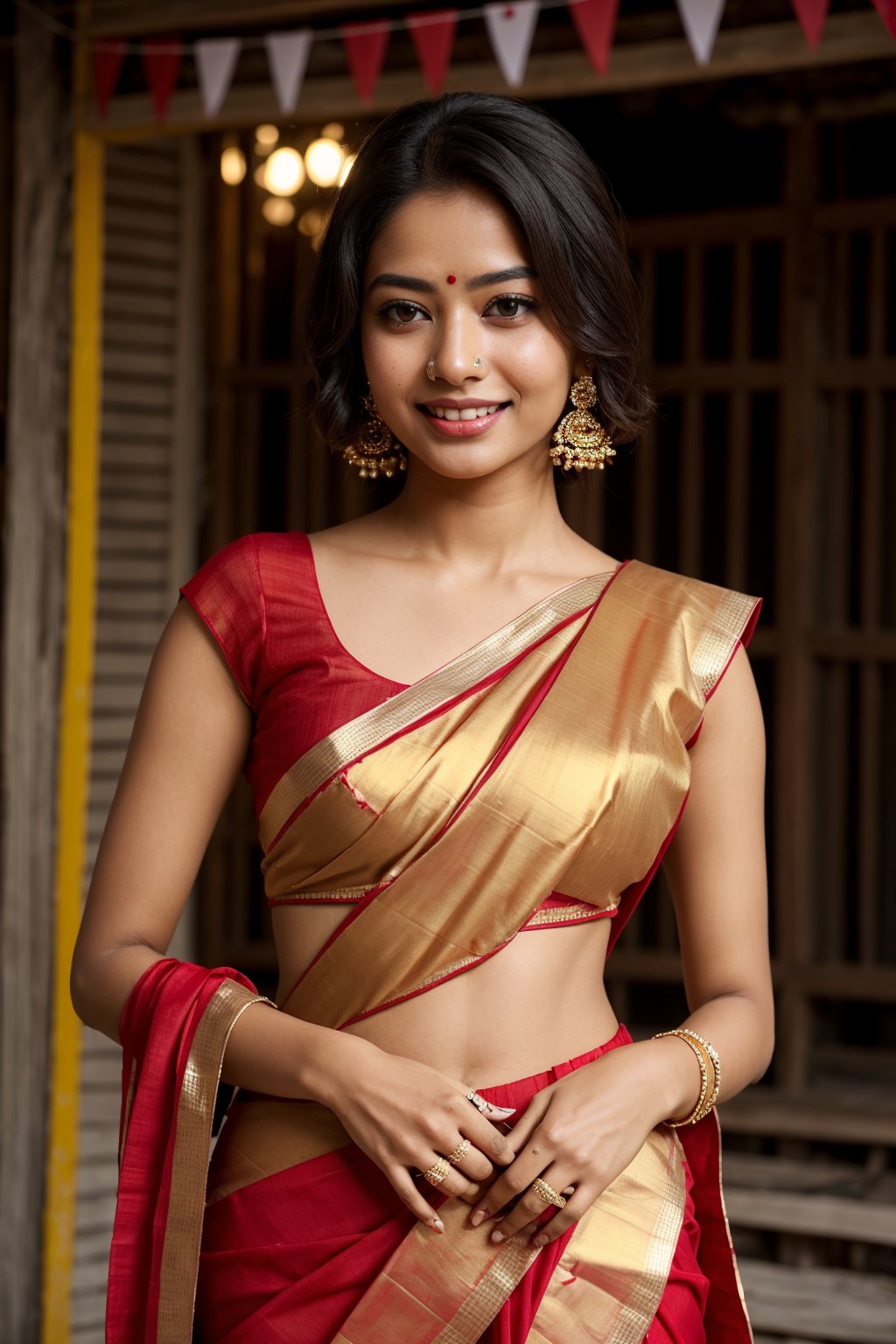 Photo of Indian girl, oval face, beautiful face, beautiful eyes, beautiful nose, beautiful lips, short hair, blue_eyes, smilling, saree, Village girl, Village festival, crackers, fully_clothed, red saree, golden jewelry, full_body, temple ,rashmika, full_sleeve_dress, covered_waist_dress