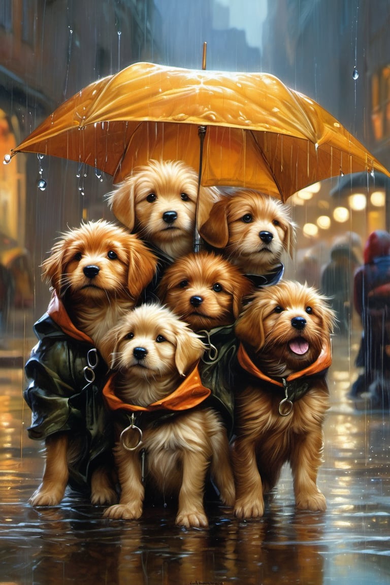 Hyper-detailed  painting, Jean-Baptiste Monge style, a gang of cute little puppies gathered in the rain  under an single black long raincoat, splash, glittering, cute and adorable, filigree, lights, fluffy, magic, surreal, fantasy, digital art, ultra hd, hyper-realistic illustration, vivid colors,  UHD, cinematic perfect light,greg rutkowski