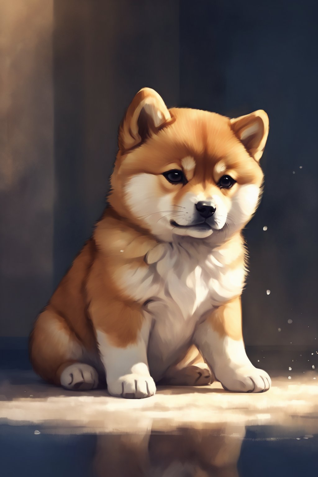  A cute Shiba Inu puppy sitting alone in a dimly lit room, tears glistening on its fur, a soft whimper escaping its lips, the surroundings reflecting the weight of its sadness, Whimsical digital painting, using soft colors to evoke sympathy,