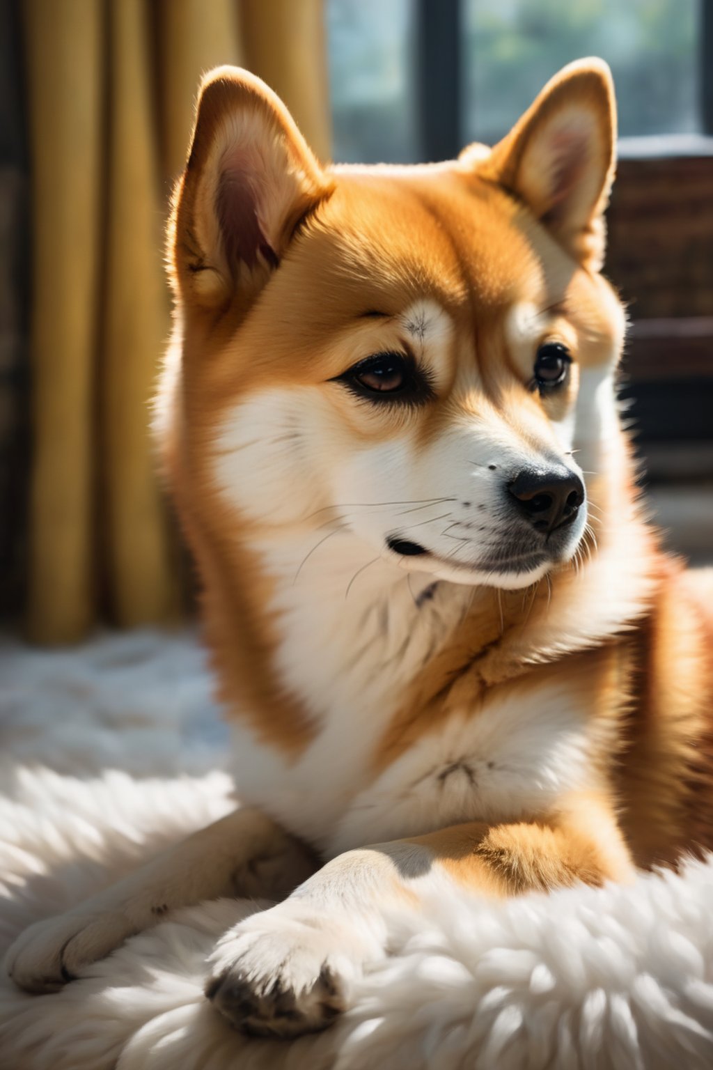  A realistic depiction of a sad, little Shiba Inu dog, tears streaming down its expressive eyes, its fur damp and disheveled, its body language reflecting profound desolation, the room's ambiance heavy with the weight of its sorrow, Hyper-realistic oil painting, capturing every intricate detail and emotion,