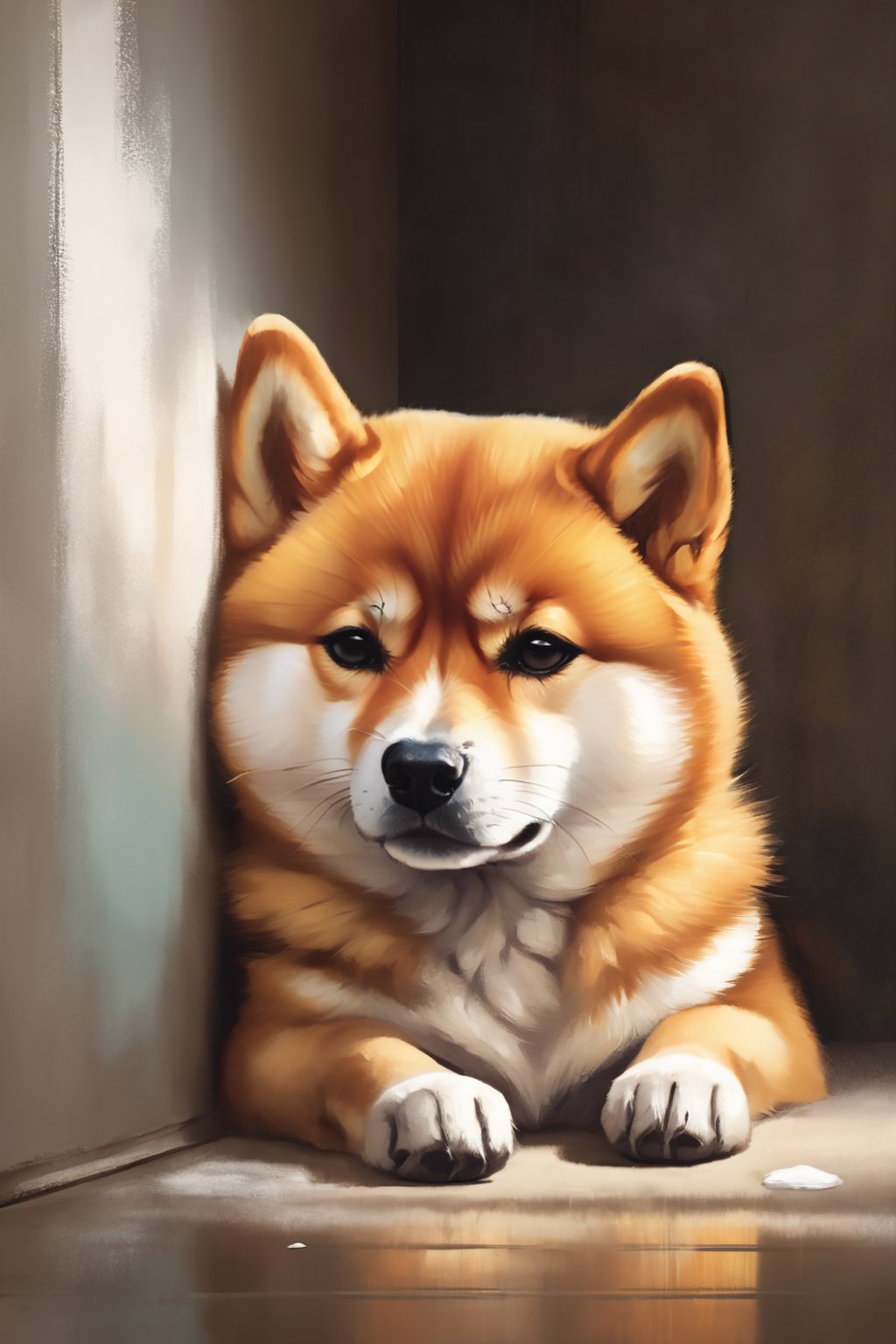 A sad little Shiba Inu dog curled up in a corner, tears rolling down its furry cheeks, its eyes conveying a deep sense of despair, the room's atmosphere heavy with sorrow, Soft pastel drawing, capturing the dog's vulnerability and emotions,