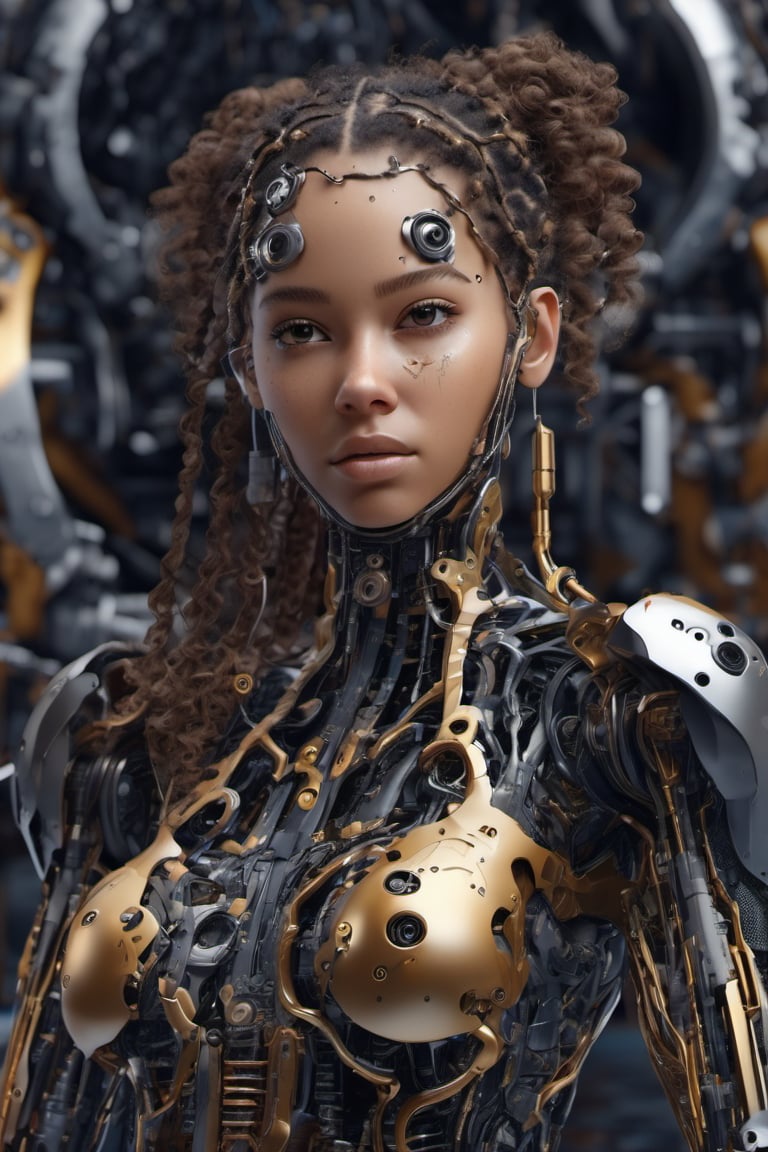 cyborg style, cyborg, 3d style,3d render,cg,beautiful, (1girl, looking at viewer,close up), curly hair, long braid, brown eyes, cyborg , mechanical limbs,cute gloves, dancing, dynamic pose, black metalic parts,golden parts, Reflections on metal, damaged parts, connected to wires