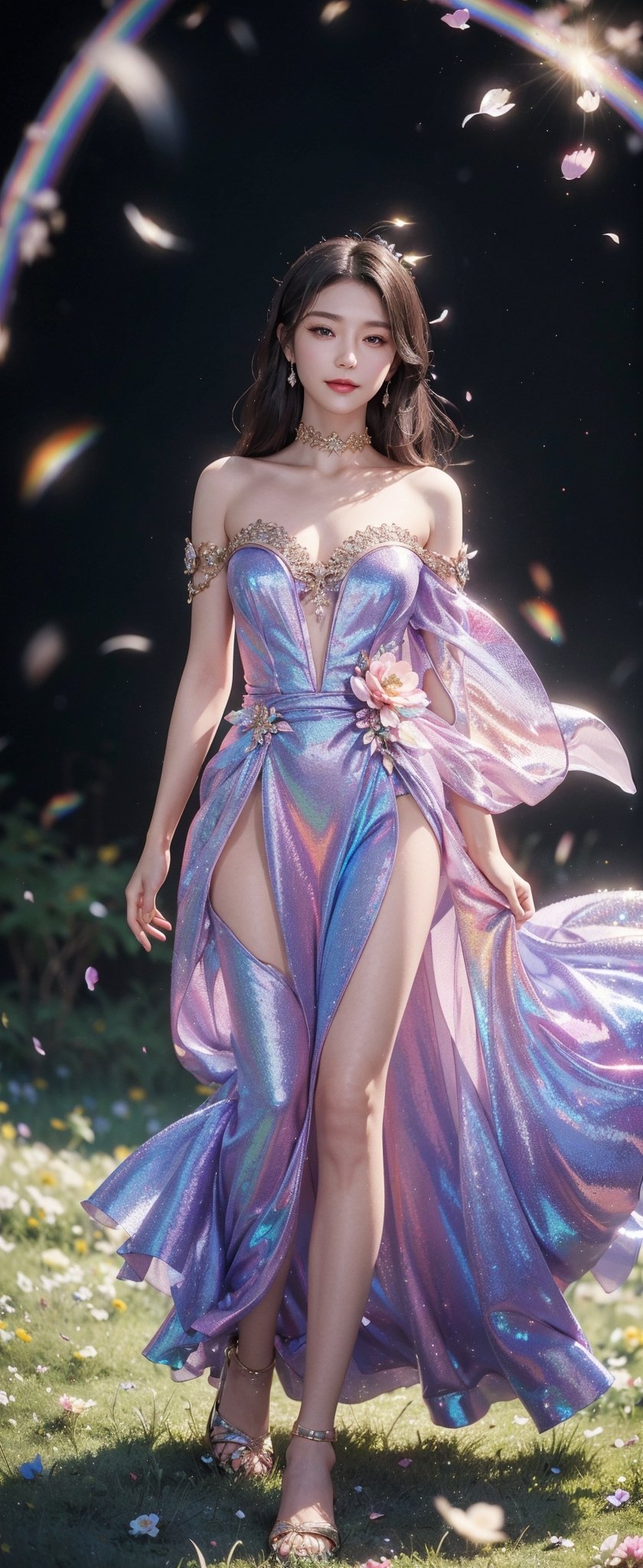 a chest up portrait of young woman with dark blowing hair, looking at viewer, expressive eyes, wreath, jewerly, choker, kind smile, greasy lips, wearing a ornate black strapless dress made of petals, in a serene garden filled with blooming flowers, ultra detailed, dream like shot, 8k, golden hour, ((holographic))), (((rainbowish))), expressive, cinematic, dynamic pose,full body, perfect eyes, smokey eyes, small smile, 