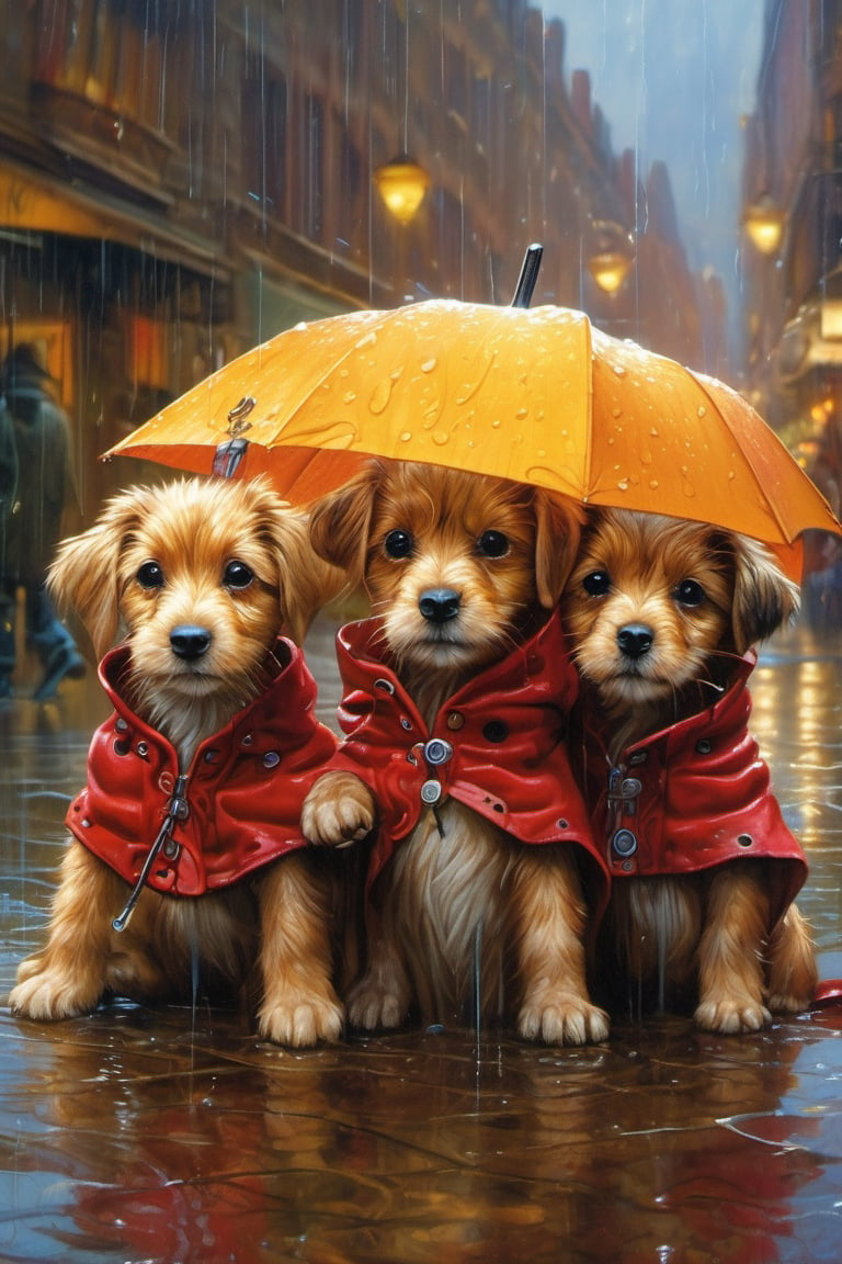 Hyper-detailed  painting, Jean-Baptiste Monge style, a gang of cute little puppies gathered in the rain  under an single black long raincoat, splash, glittering, cute and adorable, filigree, lights, fluffy, magic, surreal, fantasy, digital art, ultra hd, hyper-realistic illustration, vivid colors,  UHD, cinematic perfect light,greg rutkowski