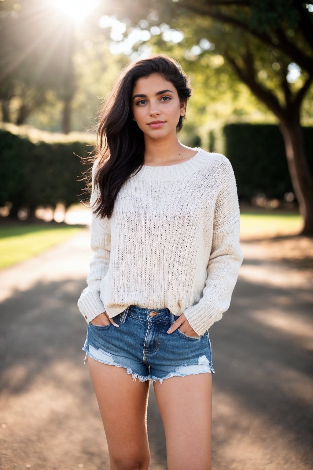 Sanya Foster, a 24-year-old Indian Canadian girl, stands confidently against a crisp white backdrop, donning a simple yet chic sweater paired with denim shorts and pristine white sneakers. Her dark hair cascades down her shoulders, framing her serene yet determined expression. The sunlight gently illuminates her features, highlighting her natural beauty and grace. Photography, using a Canon EOS 5D Mark IV with a 50mm prime lens, capturing the soft natural light and subtle details of Sanya's attire and demeanor