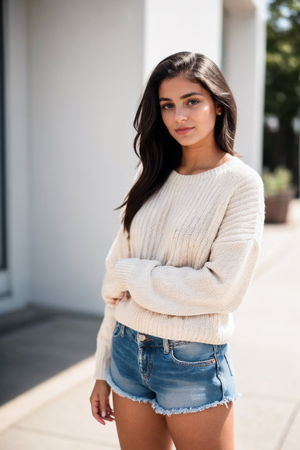 Sanya Foster, a 24-year-old Indian Canadian girl, stands confidently against a crisp white backdrop, donning a simple yet chic sweater paired with denim shorts and pristine white sneakers. Her dark hair cascades down her shoulders, framing her serene yet determined expression. The sunlight gently illuminates her features, highlighting her natural beauty and grace. Photography, using a Canon EOS 5D Mark IV with a 50mm prime lens, capturing the soft natural light and subtle details of Sanya's attire and demeanor