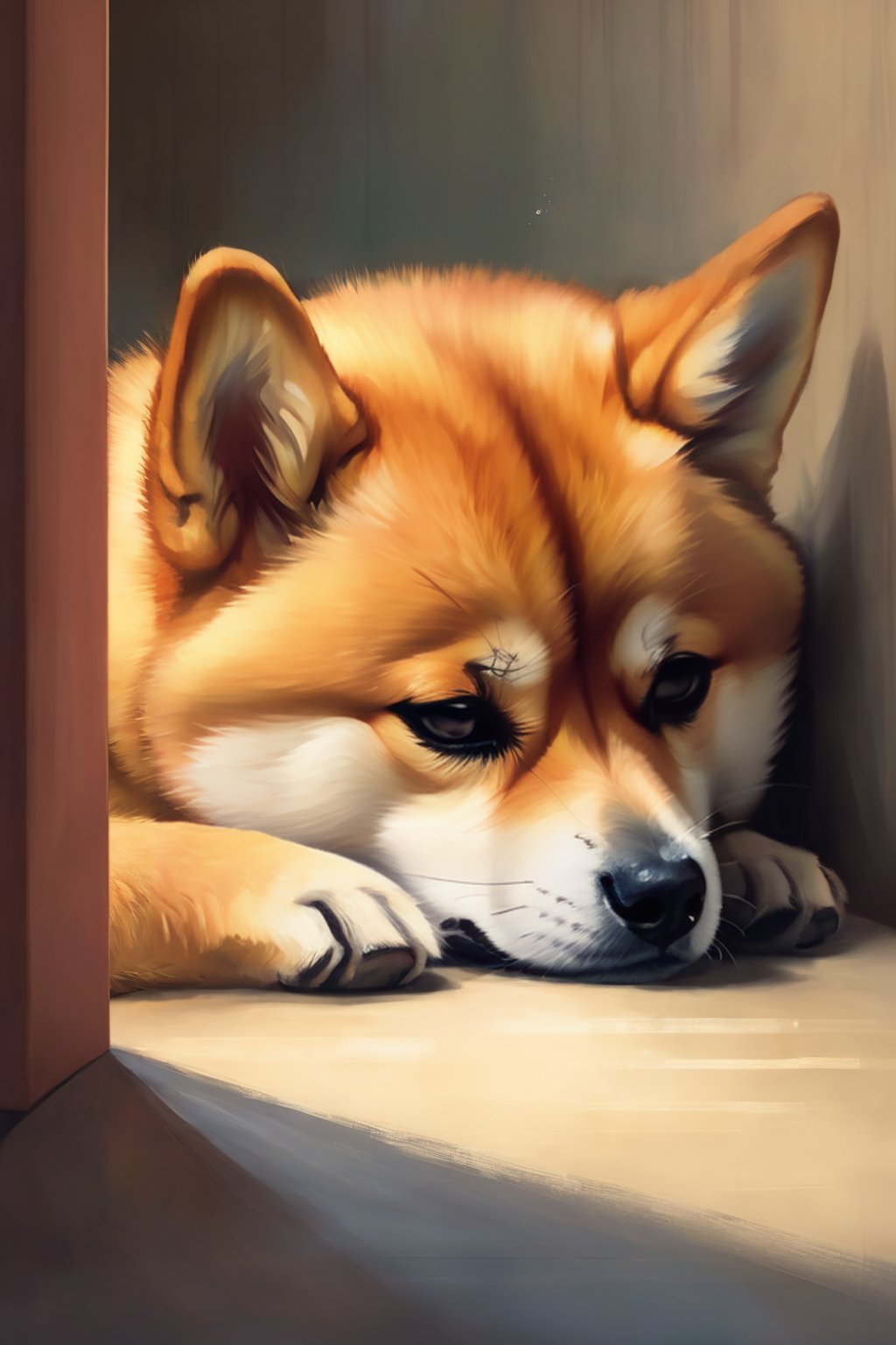 A sad little Shiba Inu dog curled up in a corner, tears rolling down its furry cheeks, its eyes conveying a deep sense of despair, the room's atmosphere heavy with sorrow, Soft pastel drawing, capturing the dog's vulnerability and emotions,