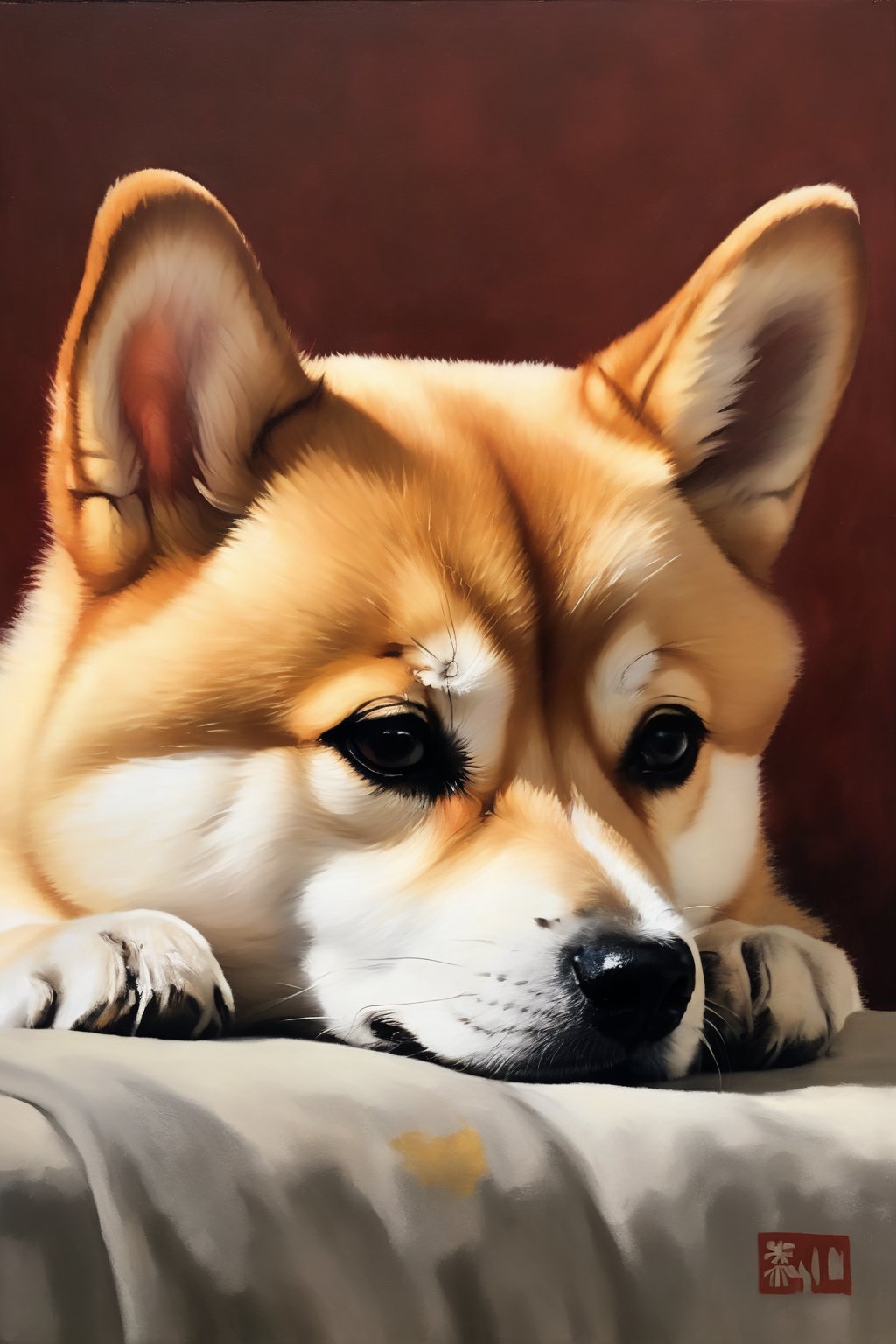  A realistic depiction of a sad, little Shiba Inu dog, tears streaming down its expressive eyes, its fur damp and disheveled, its body language reflecting profound desolation, the room's ambiance heavy with the weight of its sorrow, Hyper-realistic oil painting, capturing every intricate detail and emotion,