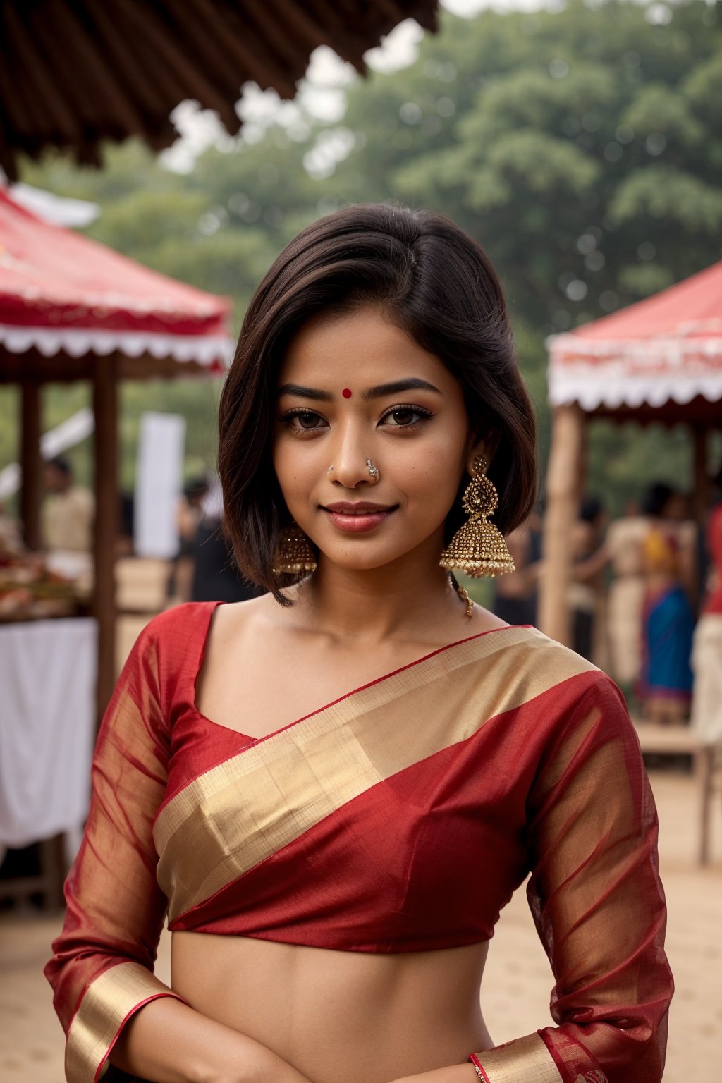 Photo of Indian girl, oval face, beautiful face, beautiful eyes, beautiful nose, beautiful lips, short hair, blue_eyes, smilling, saree, Village girl, Village festival, crackers, fully_clothed, red saree, golden jewelry, full_body, temple ,rashmika, full_sleeve_dress