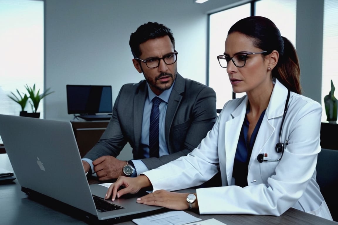 (hyperrealistic:1.2)),  ((front view)),  masterpiece,  best quality,  8k,  photo of a ((Latin female doctor with her white coat sitting behind her desk:1.3)),  talking with a (bad looking latin businessman) that wearing a ((dark grey jacket:1.4)), he is well shaved, and use glasses, ((desk between them)),  ((both see a laptop:1.3)),  medical office environment,  perfectfingers,  detailed skin,  perfect eyes,