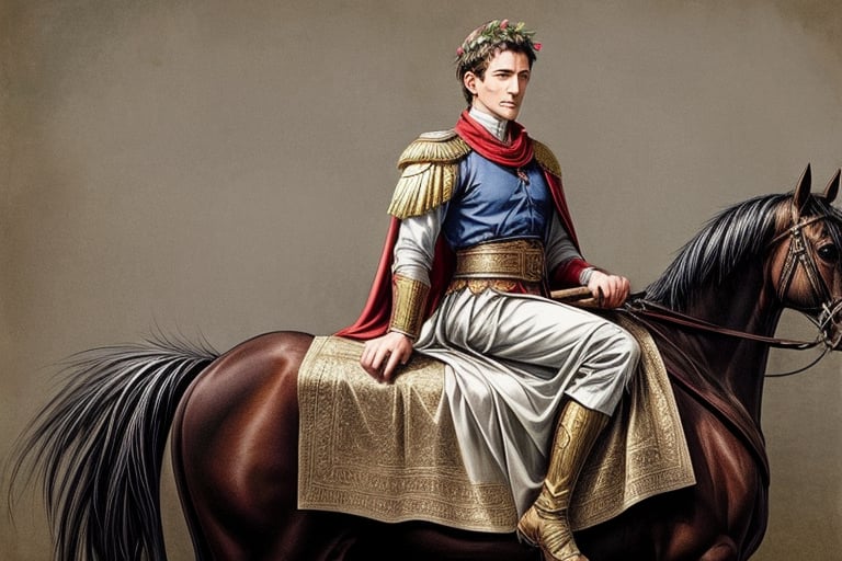 Julius Caesar with a laurel wreath on his head, sitting on his horse, riding with a line art in a more realistic style. He wears Roman style clothing and on his back is a long cape, 