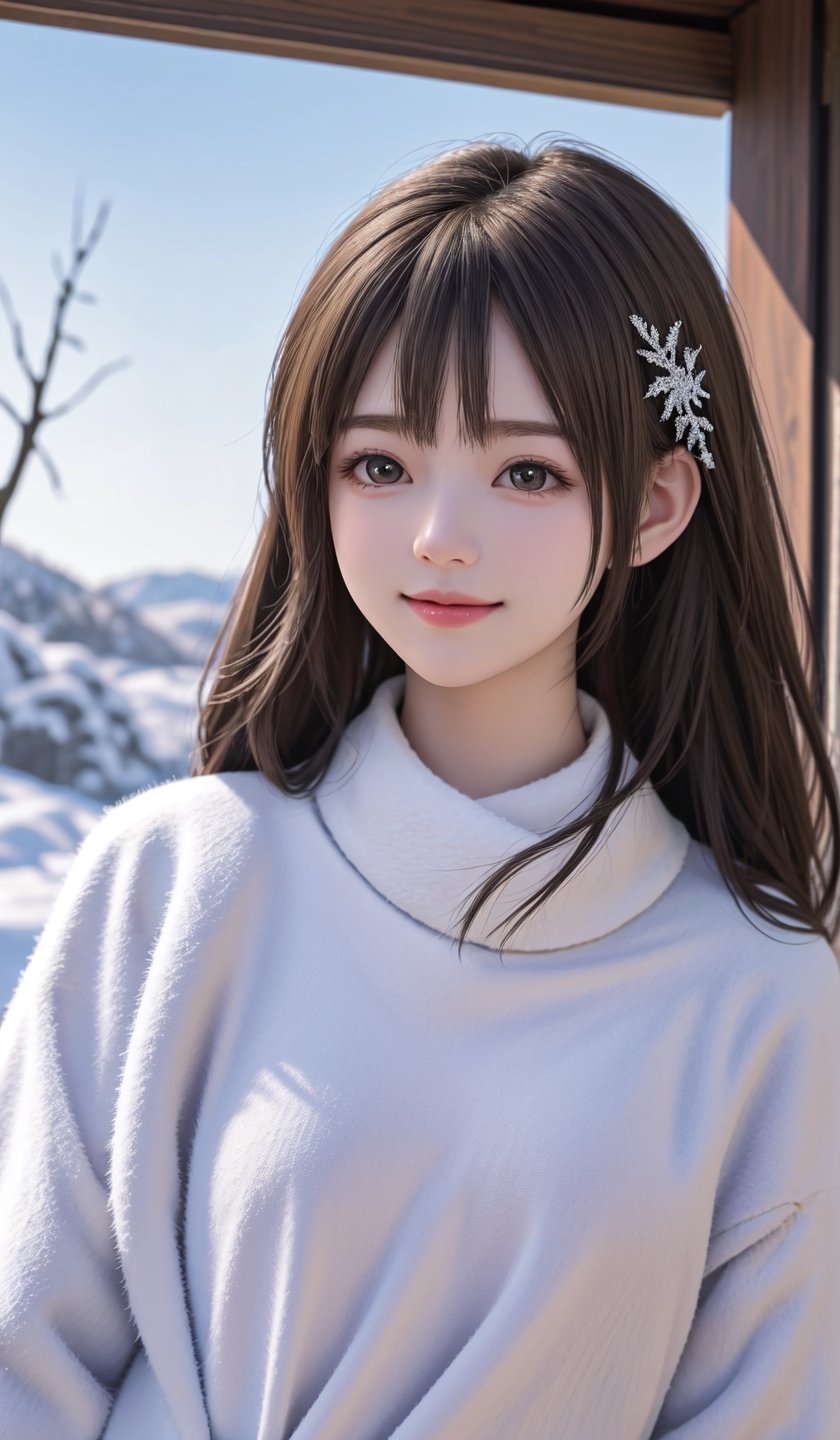 (best quality, 4k, 8k, highres, masterpiece:1.2), ultra-detailed, (realistic, photorealistic, photo-realistic:1.37), portrait, beautiful and smiling caucasian woman, cinematic, winter clothes, Ondas e Nuances, detailed symmetric hazel eyes, circular iris, vivid colors, winter scenery, soft snowflakes falling, icy breath, rosy cheeks, pure white background, subtle warm lighting, innocence and radiance, sparkling eyes, joyful expression, luxurious fur trim on the clothing, frosty winter air, subtle wind blowing through her hair, subtle hint of pink in her lips, elegant posture, confident stance, delicate snowflakes decorating her hair, long flowing blonde hair, wonder and serenity in her gaze, captivating beauty, snow-covered trees in the background, peaceful and enchanting winter scene.
,,,,<lora:659111690174031528:1.0>