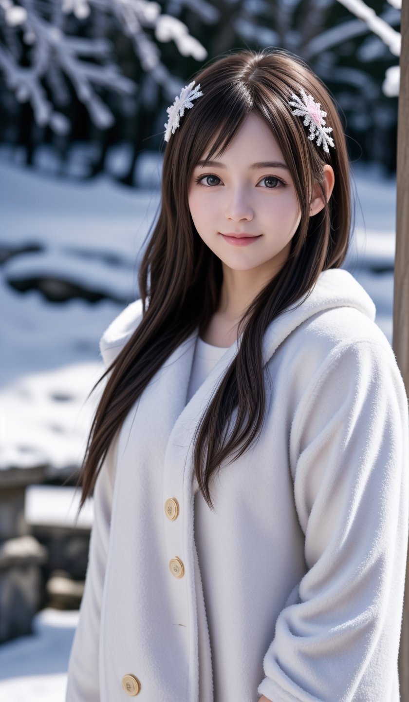 (best quality, 4k, 8k, highres, masterpiece:1.2), ultra-detailed, (realistic, photorealistic, photo-realistic:1.37), portrait, beautiful and smiling caucasian woman, cinematic, winter clothes, Ondas e Nuances, detailed symmetric hazel eyes, circular iris, vivid colors, winter scenery, soft snowflakes falling, icy breath, rosy cheeks, pure white background, subtle warm lighting, innocence and radiance, sparkling eyes, joyful expression, luxurious fur trim on the clothing, frosty winter air, subtle wind blowing through her hair, subtle hint of pink in her lips, elegant posture, confident stance, delicate snowflakes decorating her hair, long flowing blonde hair, wonder and serenity in her gaze, captivating beauty, snow-covered trees in the background, peaceful and enchanting winter scene.
,,,,<lora:659111690174031528:1.0>