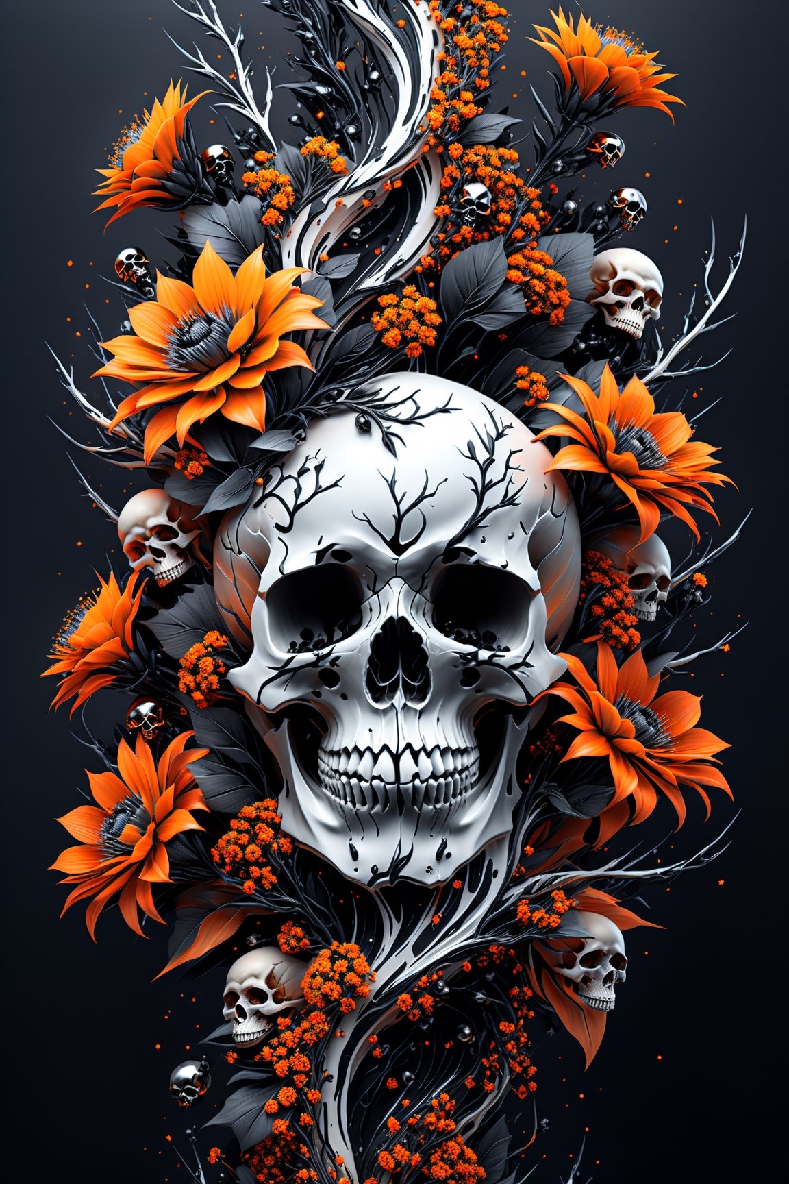 Ultra wide photorealistic futuristic image massive thorny branches with flowers, small skulls, black and orange black, Ink Flow - 8k photorealistic masterpiece