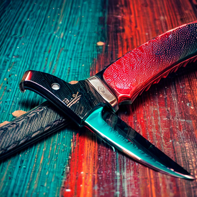 blend, medium shot, bokeh, (hdr:1.4), high contrast, (cinematic, teal and orange:0.85), (muted colors, dim colors, soothing tones:1.3), low saturation, 
The knife possesses dual edges: a keen side and a serrated one, while its handle boasts crimson accents resembling perforations.