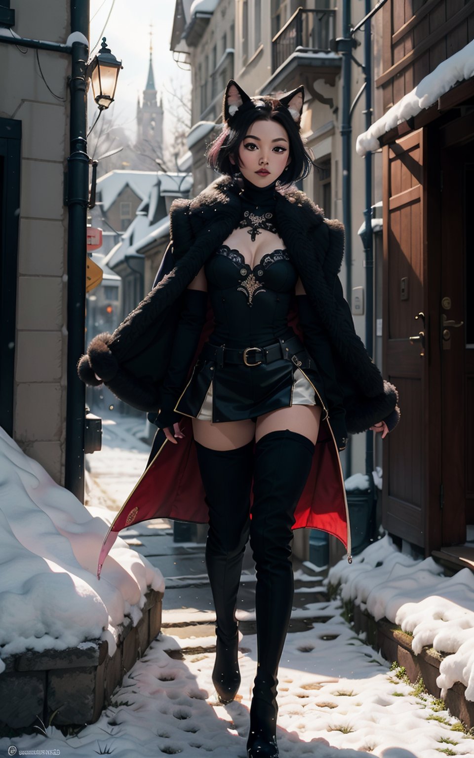 A Ultra realistic, full body, full-body_portrait, a stunningly  ultra highly detailed, fantasy acrylic painting, kitsune kpop idol, kitsune girl, smokey eyes, short red hair, bob cut hair, perfect face, skirt, black stockings, thigh_highs, (((thigh high boots))), high heels, black-pink princess, seductive, fantasy, sunlight, sunbeams, castle, cleavage, falling_snow, outdoor, Jeremiah Ketner.  filigree detailed, complex background, dynamic lighting, lights, digital painting, erotic pose, highly detailed  filigree, intricated, cute, surreal, masterpiece, high quality,   best quality, perfect detailed, ultra sharp focus