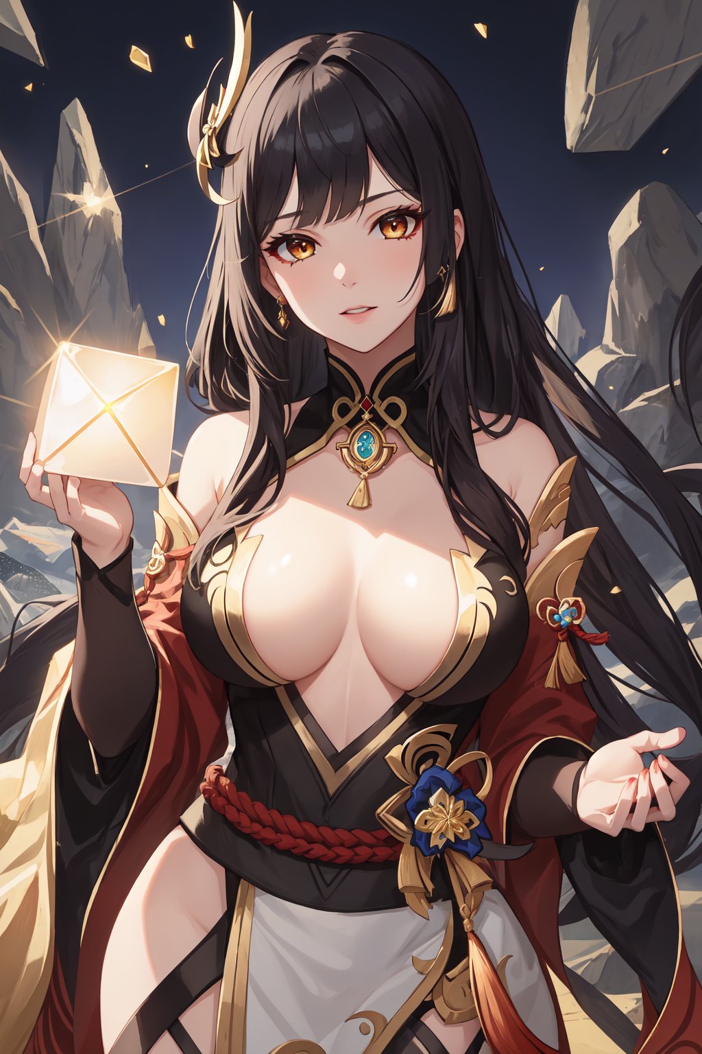 photorealistic, 1girl, female, zhongli_(genshin_impact), black_hair, gold_slanted_eyes, tiny_breasts, boob_window,  thin_red_eye_shadow, golden_robe, symmetrical_rock_cube_with_partial_gold, diamond_shaped_gold_necklace,multiple_golden_rock_particles, normal_finger Fujifilm X-T3, 1/1250sec at f/2.8, ISO 160, 84mm