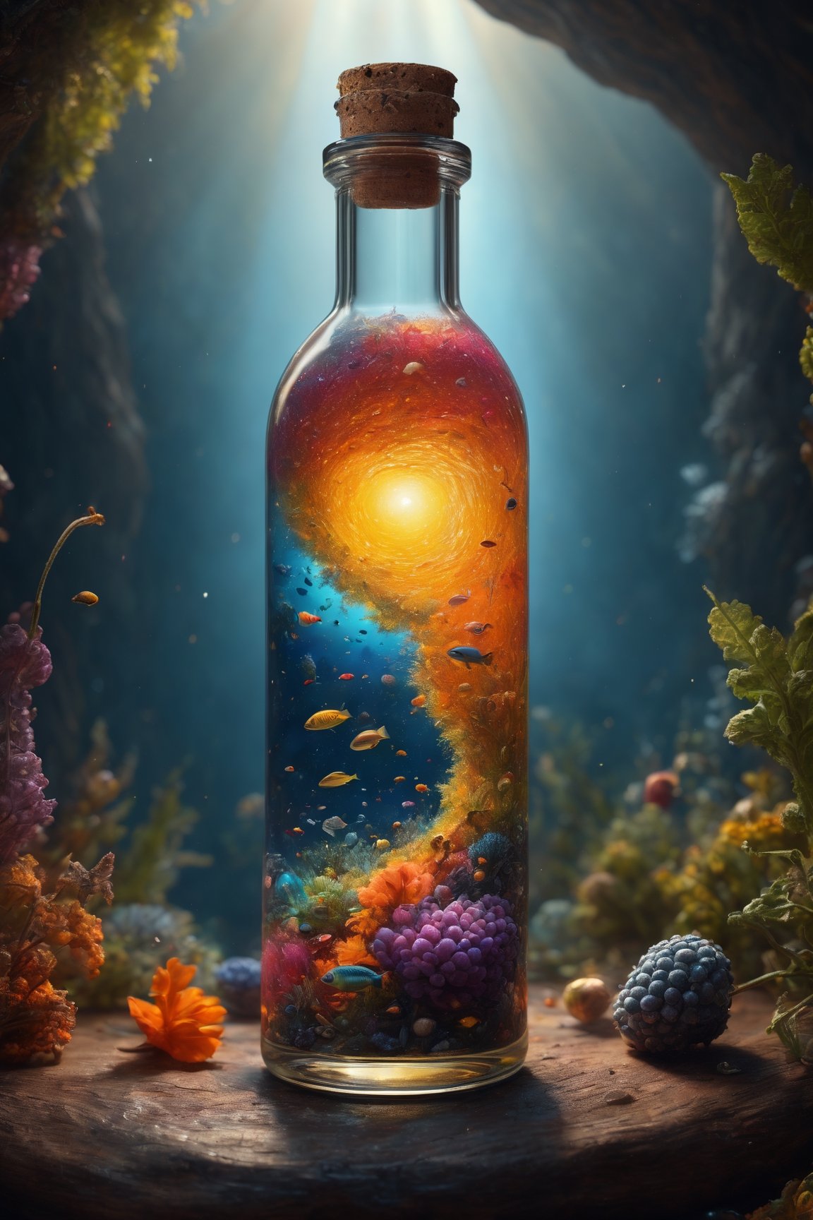 the entire observable universe in a single bottle, Dreamlike, Surreal landscapes, Mystical creatures, Twisted reality, Surreal still life, (Extremely Detailed Oil Painting:1.2), glow effects, god rays, Hand drawn, render, 8k, cartoon, octane render, cinema 4d, blender, dark, atmospheric 4k ultra detailed, cinematic sensual, Sharp focus, humorous illustration, big depth of field, Masterpiece, colors, 3d octane render, 4k, concept art, trending on artstation, hyper realistic, Vivid colors, extremely detailed CG unity 8k wallpaper, trending on ArtStation, trending on CGSociety, Intricate, High Detail, dramatic, (masterpiece), (best quality), (ultra-detailed), (unreal engine), (octane render), (HDR)