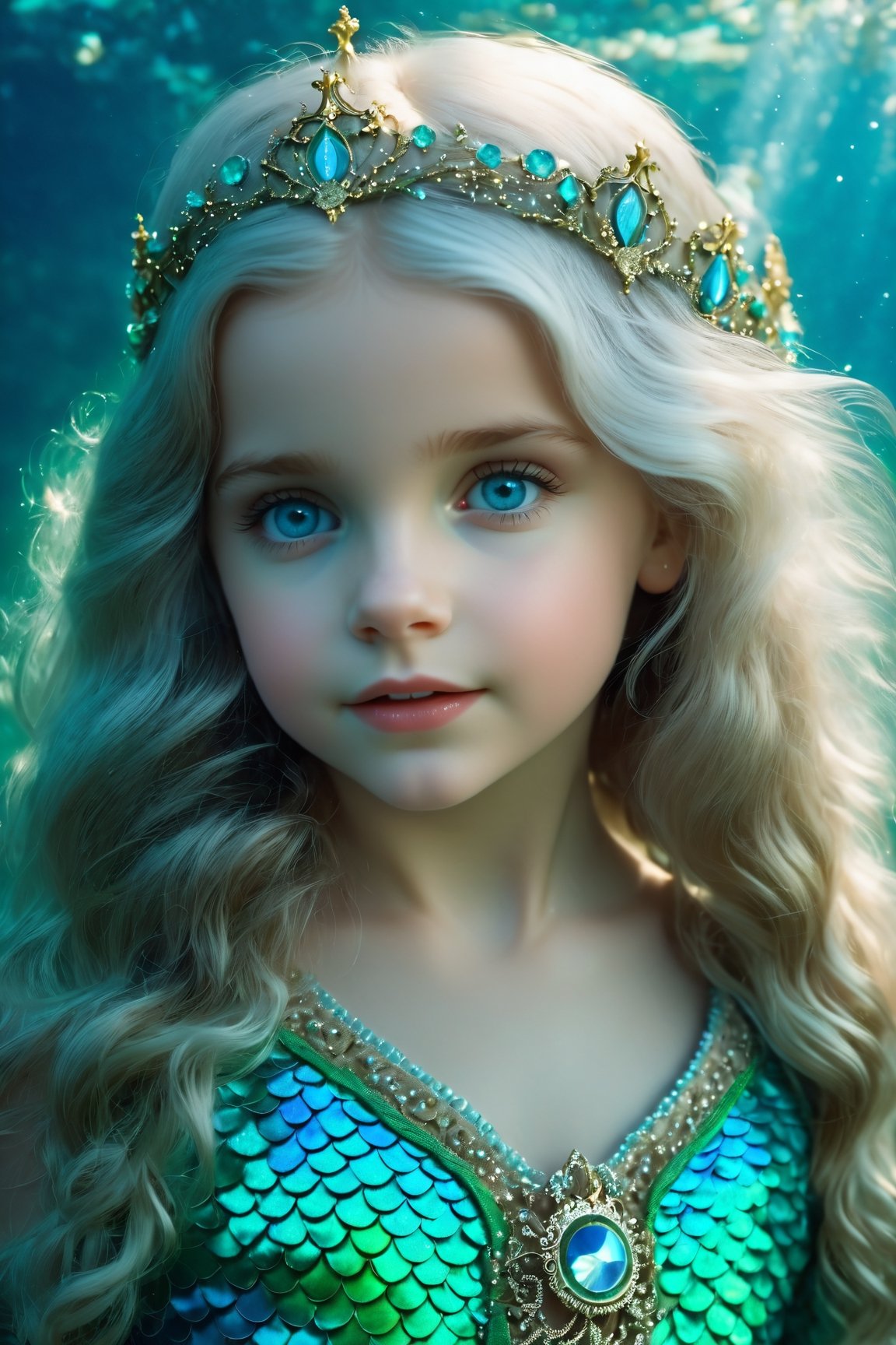 ((fantasy style, a cute little girl AND little mermaid, (full body) , close-up, extremely beautiful, long wavy hairstyle, blue and silver hair,dressed in a closed swimsuit of beautiful azure scales fluttering underwater, mother-of-pearl jewelry, bright green beautiful eyes, swimming under the water of the lagoon, looking through the window of the Nautilus submersible, underwater world , tropical corals and fish, clear ocean water)) , ((( wallpaper))) ,((best quality)),steampunk style