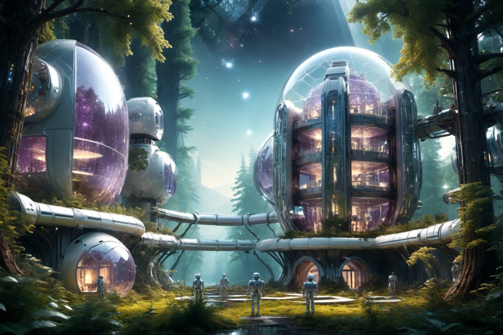 HD 8K, movie scenes, warm lighting, glass architecture, high saturation, contrasting composition, white, ceramic texture, crystal glass, futuristic technology, robots, forests, fireflies, fantasy scenes,DonMC3l3st14l3xpl0r3rsXL,detailmaster2