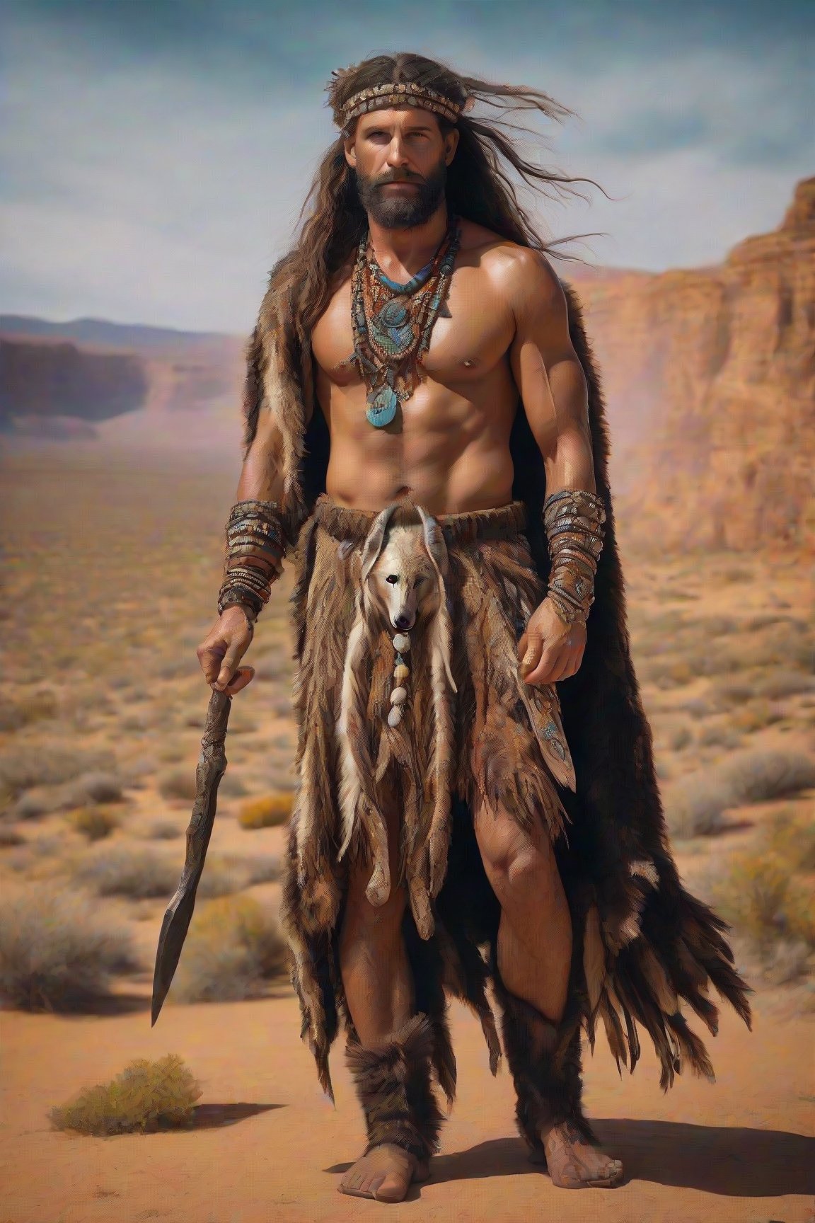  ((Stone Age  shaman, wearing a cape made of bear, wolf and leopard skin, intricate Paleolithic colored jewelry, necklaces of predator teeth and claws, shell bracelets)), carved, feathered, ochre-colored staff , stone knife ,(stern angry face) , (scars) ,cave wall with paleolithic drawings in the background ,elaborate and detailed scene, the most beautiful couple , flowing wavy black hair , thick beard , (Natural, organic, Ultra realistic, dramatic, intricate, Fantasy movie shot), (lots of very colorful Hallowed Ones Summons benevolent deities) , ((,strong muscular body)), (Highly detailed, amazing fantasy setting), (Colorful, High quality,  Sharp focus, 8K UHD , richly decorated with  intricately engraved, prismatic highlights, atmosphere, gorgeous, depth of field, cinematic, macro, concept art, 50mm, artstation, wlop, elegant, epic, weta digital, focus, octane render, v-ray, 8k, kodak portra, art by Liberatore, sony a7ii, 200mm lens, bokeh,Movie Still