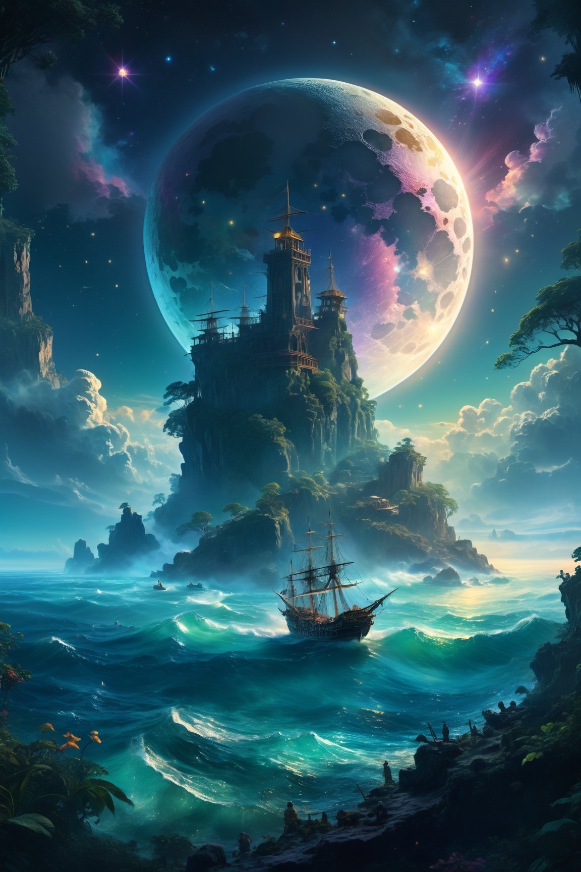 bird's eye view , tropical coastline landscape with ancient ruins in jungles, gold opal medalion shimmering with colors,((( fantasy world ))) ,((( tropical night , full moon ))) ,elven pirate sailboat in the bay ,  highly detailed, high resolution, raytraced reflections, dramatic lighting. 8k vibrant colors, neon ambiance, abstract black oil, detailed acrylic, grunge, intricate complexity, photorealistic, Makoto Shinkai Peter Kemp Mucha, kids story style, watercolor style, , watercolor style, perfect composition, beautiful detailed intricate insanely detailed octane render trending on artstation, 8 k ,artistic photography, photorealistic concept art, soft natural volumetric cinematic perfect moon light, chiaroscuro, award winning photograph, masterpiece, watercolor style, High Detail, dramatic, High Detail, dramatic ( very detailed background, detailed face, detailed complex busy background : 0.8 ) ,   (style of Ivan Aivazovsky:0.6), realistic, detailed, textured, skin, hair, eyes, by Alex Huguet, Mike Hill, Ian Spriggs, JaeCheol Park, Marek Denko, scenic , natural , majestic , by Ansel Adams , Galen Rowell , David Muench, Frans Lanting, Peter Lik
,more detail XL, ((style of Ivan Aivazovsky)),DonMC3l3st14l3xpl0r3rsXL