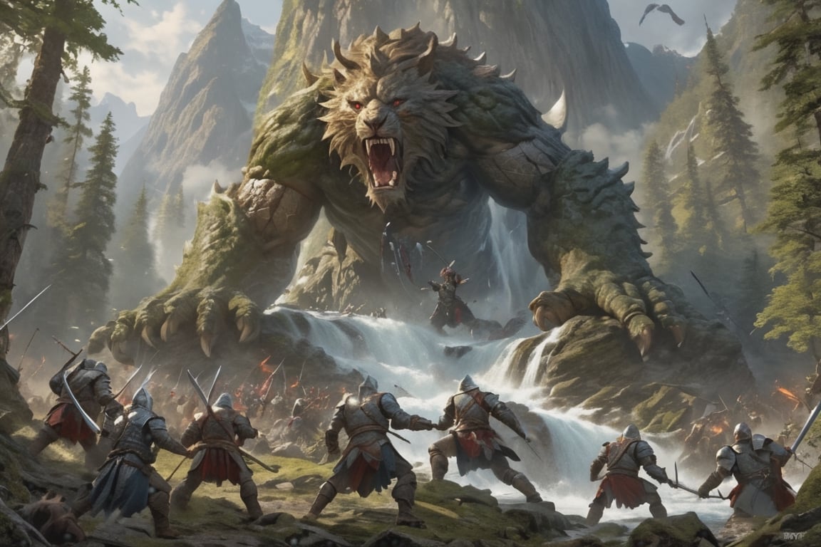 epic battle scene, a massive beast in a forest attacking multiple knights, weapons, swords, fantasy, full armor, holding weapons, holding swords, multiple people in the mountains by a waterfall, style by greg rutkowski, ultra realistic, masterpiece, sharp focus, intricate, sharp details, intricate, highly detailed, rich color, 8K,style of Greg Rutkowski ,  
