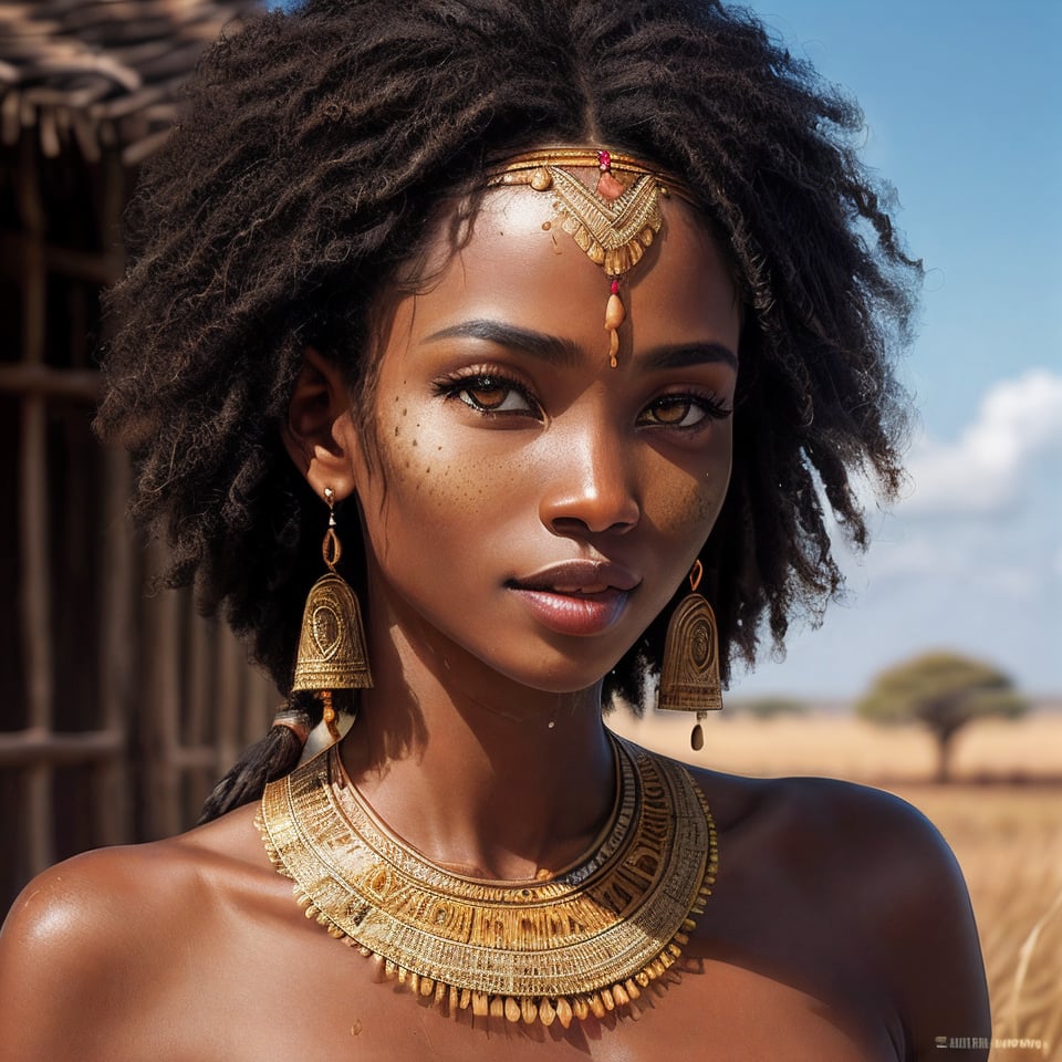 Realistic, (highly extreme detailed), (high quality resolution 4k), (high detailed face),( fashion photography of beautiful  black skin woman from the Samburu tribe:1.2) , with  ochre-dyed hair, yellow eyes, happy face, nice figure, skinny muscular body , ultra realistic skin , (nude body) ,wet skin , to many  jewelry in the African  ethnic style , expressive pose, ((African savannah  in  background)) , 3d render, cgi, symetrical, octane render, 35mm, bokeh, 9:16, (intricate details:1.12), hdr, (intricate details, hyperdetailed:1.15), dark theme ,(natural skin texture, hyperrealism, soft light, sharp:1.2), detailed, ,  