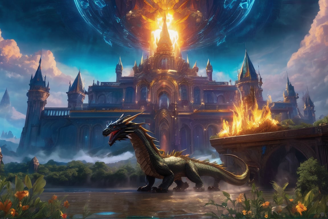 (Aetherpunk style:1.4),8k , fotorealistic , (masterpiece) ,ultra quality ,nature,pagan imagery,gold ,((( fantasy world ))) , medival style , palace of glass and gold ,  Sapfires dragon in sky , fire
detailed,utopia,magic,neon,detailed,beasts,mages,outdoors,amazing scenery,(highly detailed:1.2),(ultra realism:1.2),greg rutkowski,lty