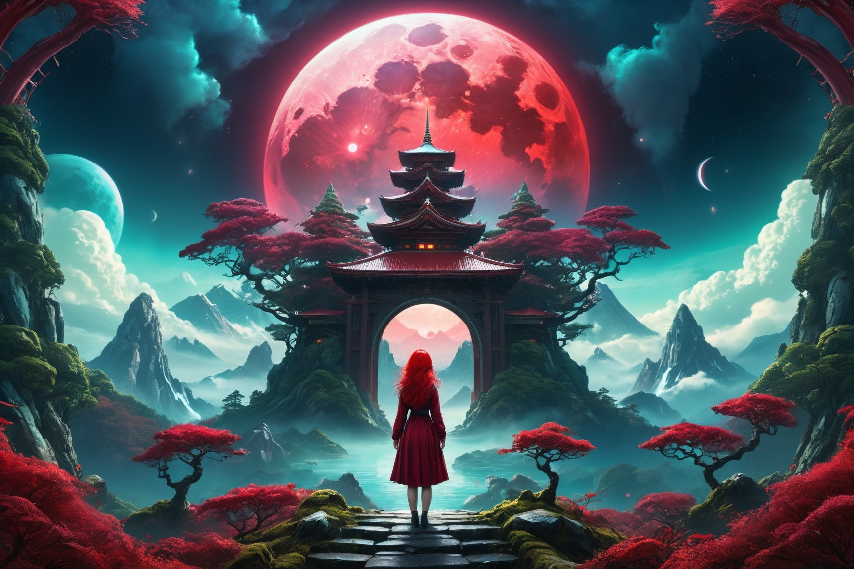 Scif vibes, Otherworldly, Cinematic, Ominous mountain, digital art, inspired by Cyril Rolando, digital art, blood red moon, forest, Japanese temple, beeple and jeremiah ketner, symmetrical digital illustration, realism | beeple, over detailed art, music album art, Creepy,1girl,red hair,twintails,full body