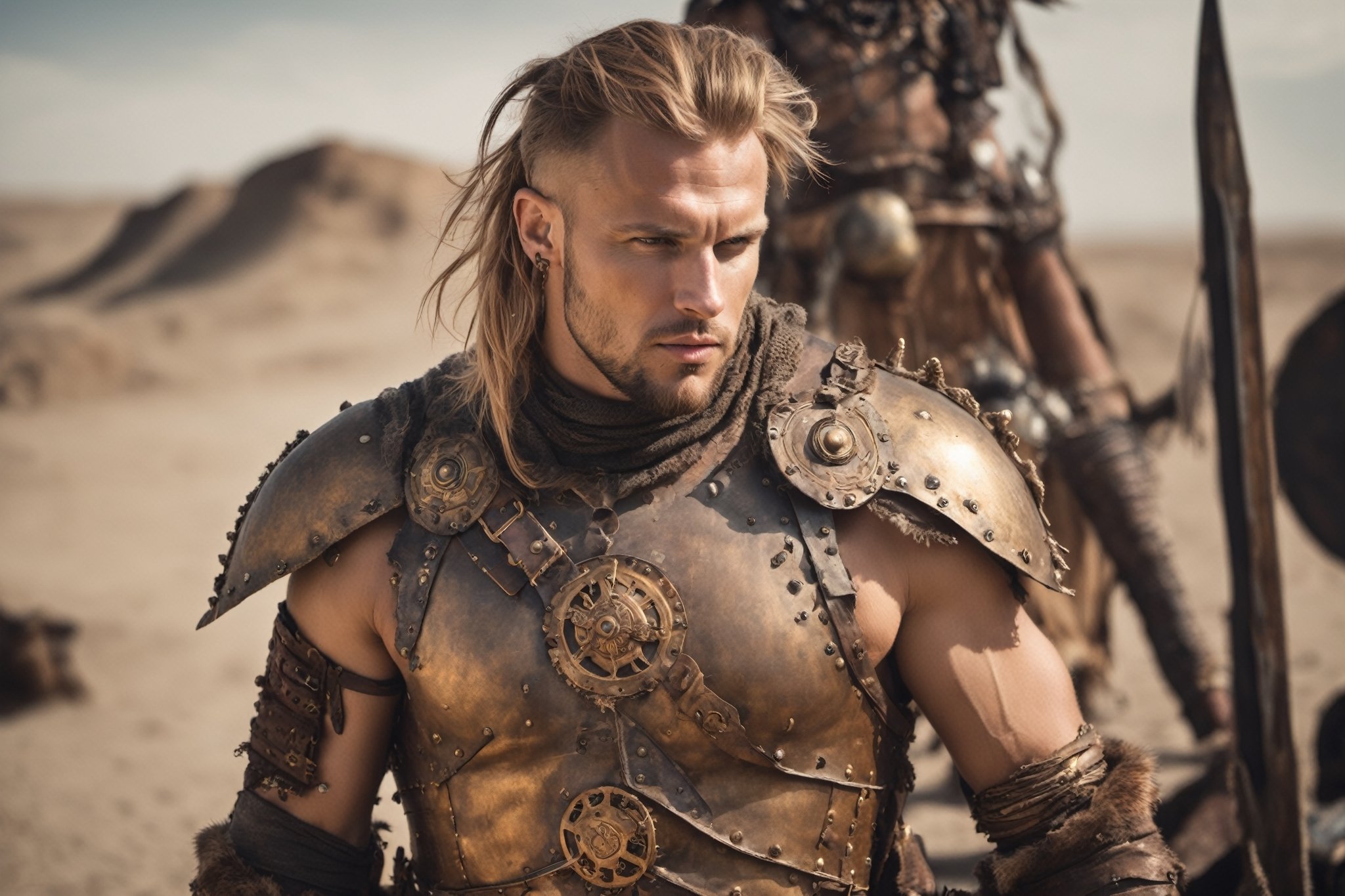 Steampunk post-apocalypse style, photo of handsome (Swede) dressed in bronze barbarian armor, corrosion, torn clothes, medieval fantasy wasteland background, post-apocalypse, holding weapon, harness, desert, realistic, masterpiece, intricate details, detailed background, depth of field,