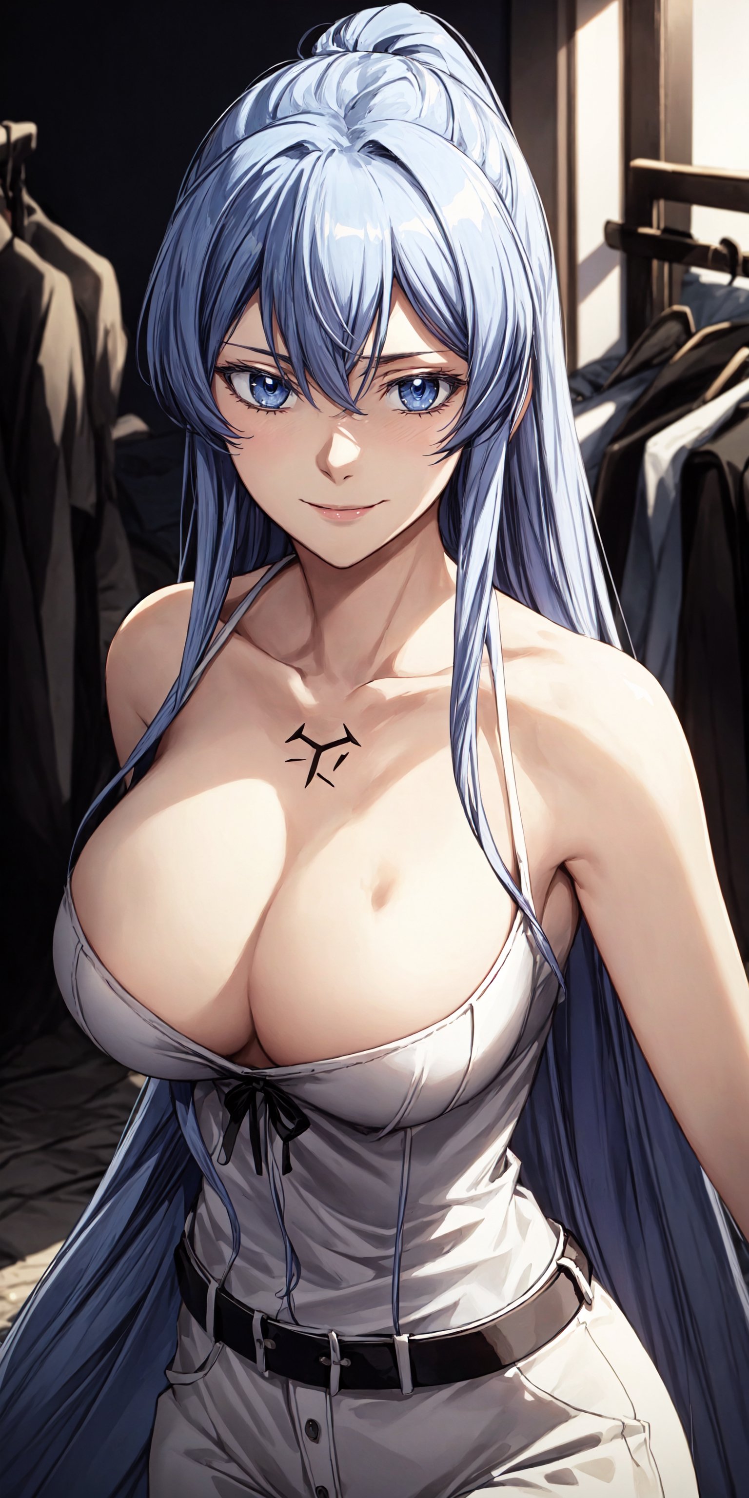 esdeath, best quality, breast focus, masterpiece, realistic, esdeath, 1woman, slender, white pale skin color,dark blue eyes, sly_smile, chest_tattoo, (( black tube, straight across,)), breasts, sexy breast, bare_shoulder, collarbone, bare arms, (white pants), black classic belt, background_detailed, store,clothes store,, looking_at_viewer,negative_hand, negative_hand-neg,