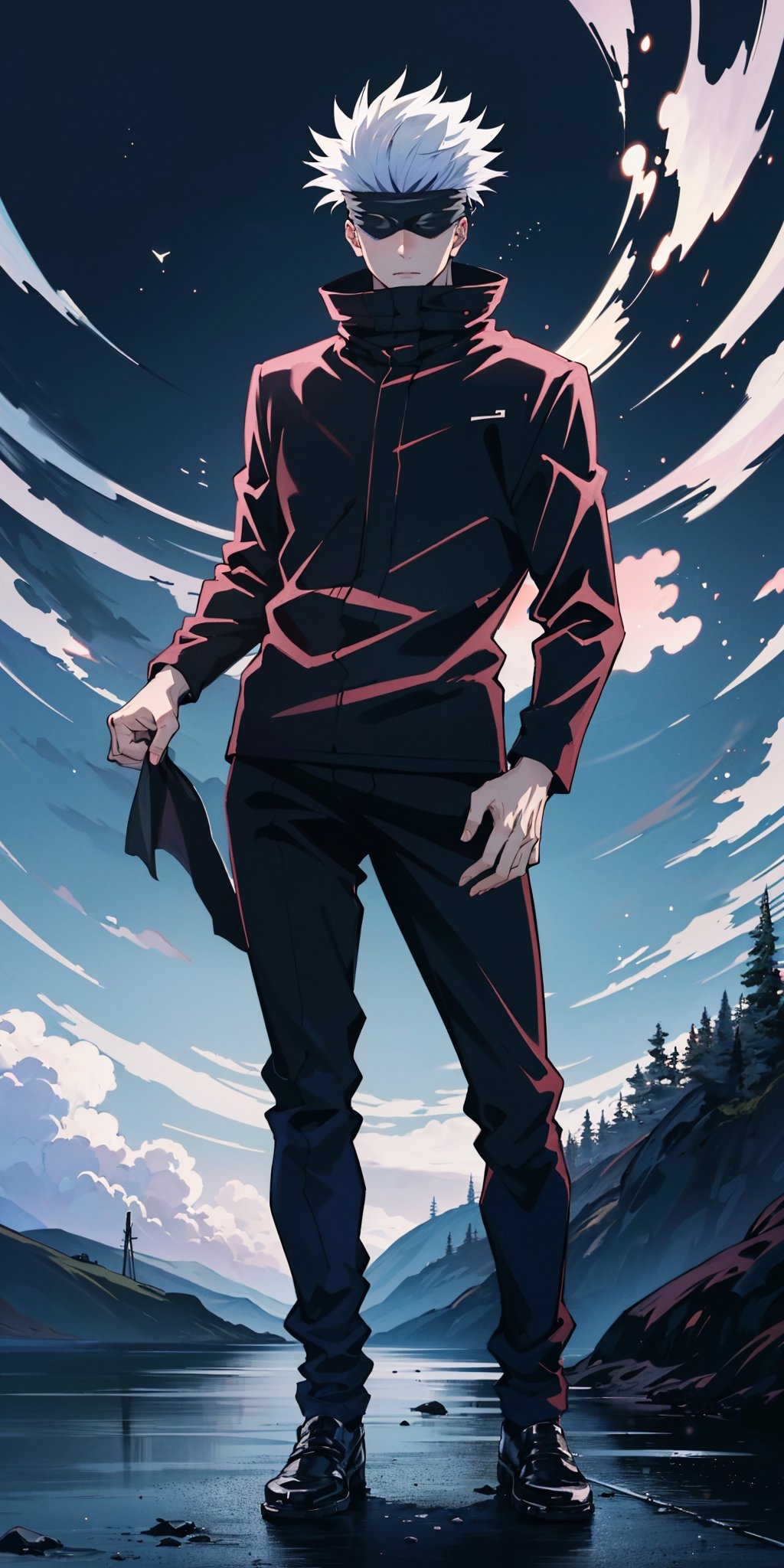 1 boy, Gojo Satoru, full body, black jacket, blindfolded, Jujutsu kaisen, mix of fantasy and realism, special effects, ultra hd, hdr, 4k