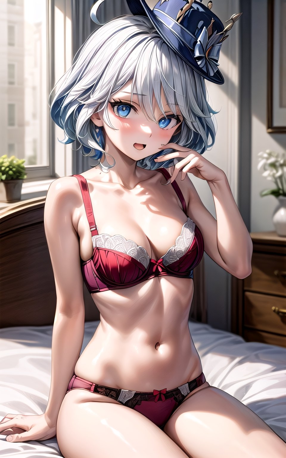 furina 1girl ahoge blue_eyes blue_headwear head_rest looking_at_viewer mismatched_pupils drop-shaped_pupils open_mouth short_hair sitting_on_bed in_bedroom solo white_hair white_vest,1girl, furinadef (((red_bra))) panties medium_breasts happy